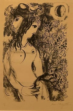 Signed Black and White Lithograph 'Couple a l’Oiseau' (Couple with a Bird)