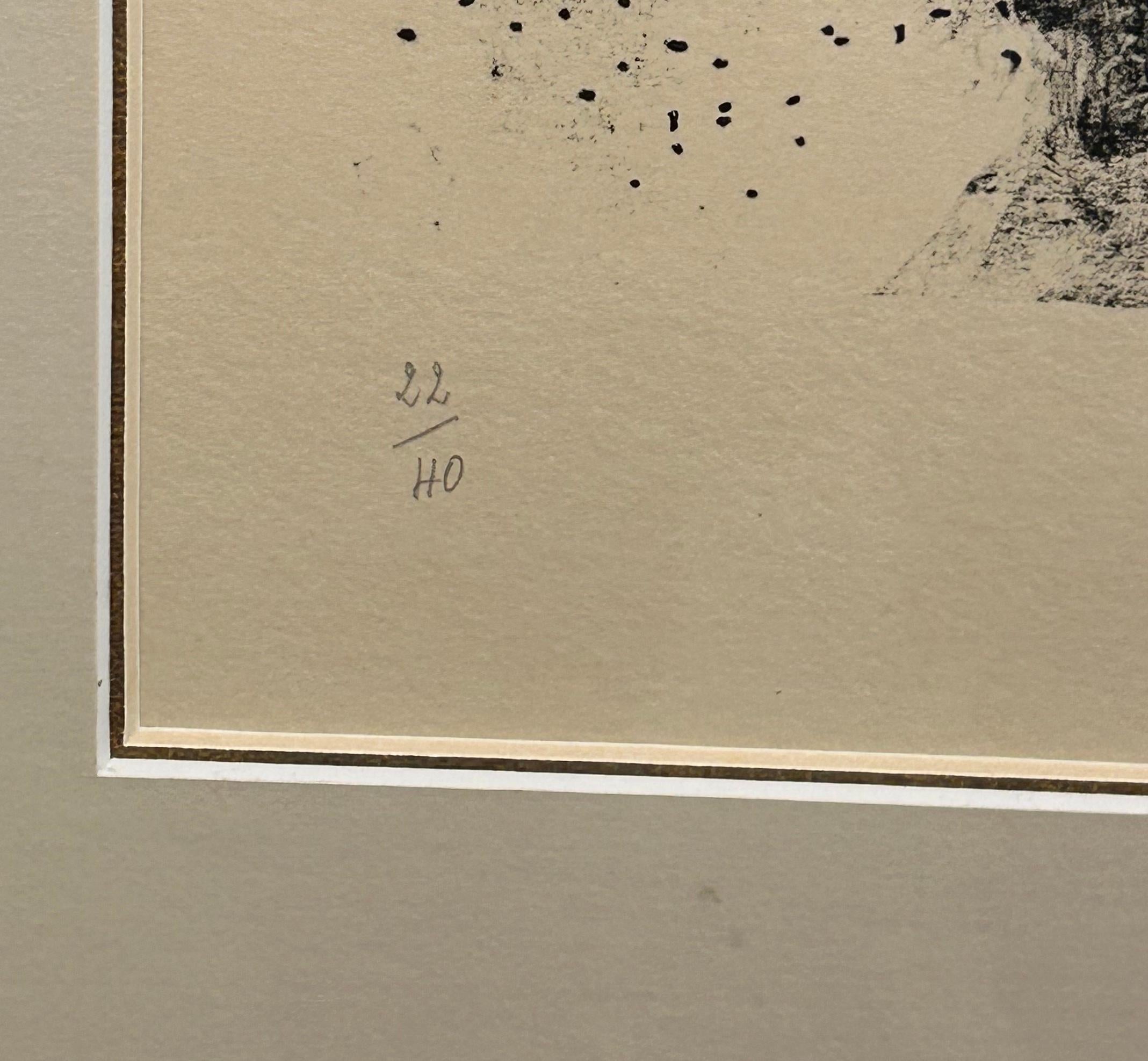 Couple a l'Oiseau (Pärchen mit Vogel). Schwarz-Weiß-Lithographie auf Arches-Papier von Marc Chagall aus dem Jahr 1959, gedruckt von Mourlot in Paris. Vom Künstler mit Bleistift signiert und nummeriert, Auflage 22/40. Das Bild zeigt eine Frau mit