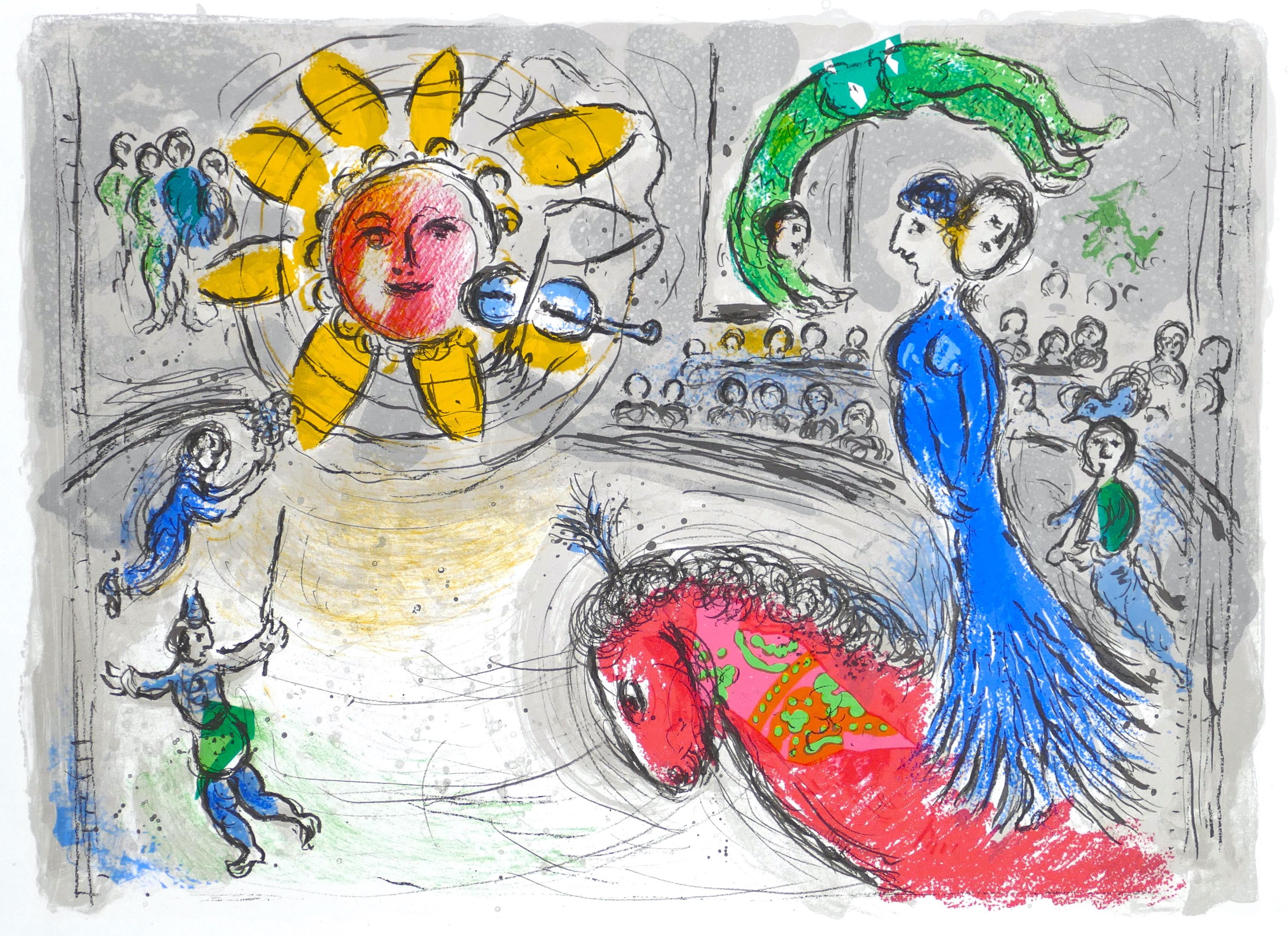 Soleil Au Cheval Rouge is a splendid color lithograph realized by the Surrealist painter Marc Chagall in 1979.

The artwork was published in the magazine Derriere le Miroir, Vol. 235.

Ref.: WVZ Mourlot 945.

Dimensions: cm 48 x 63. Image dimension: