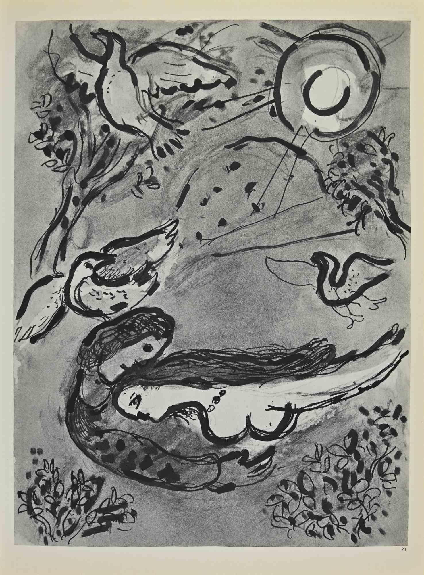 Song of Songs is an artwork realized by Marc Chagall, 1960s.

Lithograph on brown-toned paper, no signature.

Lithograph on both sheets.

Edition of 6500 unsigned lithographs. Printed by Mourlot and published by Tériade, Paris.

Ref. Mourlot, F.,