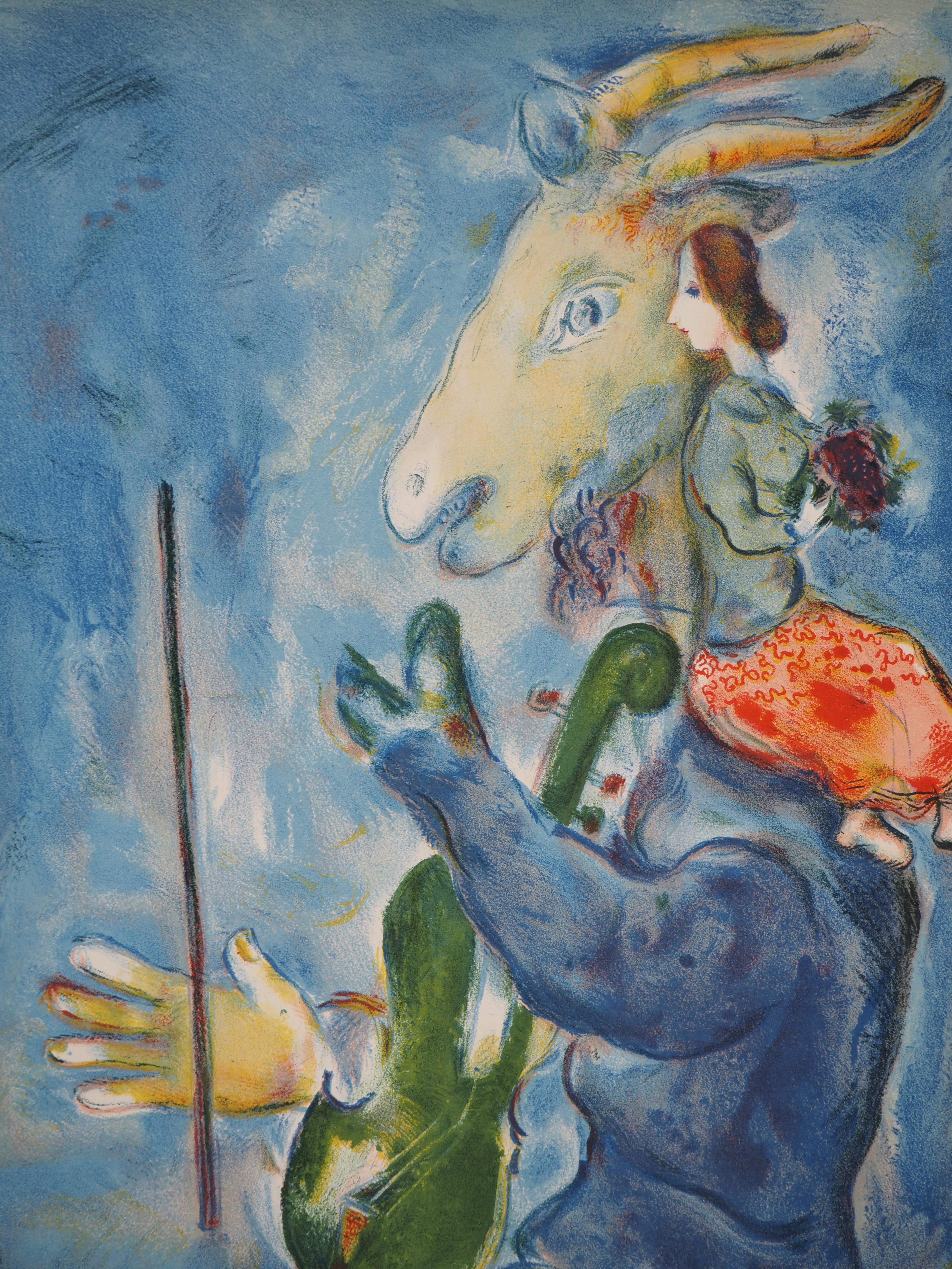 Primavera: capra che suona il violino e donna con bouquet - Litografia (Mourlot 1938) - Print di Marc Chagall