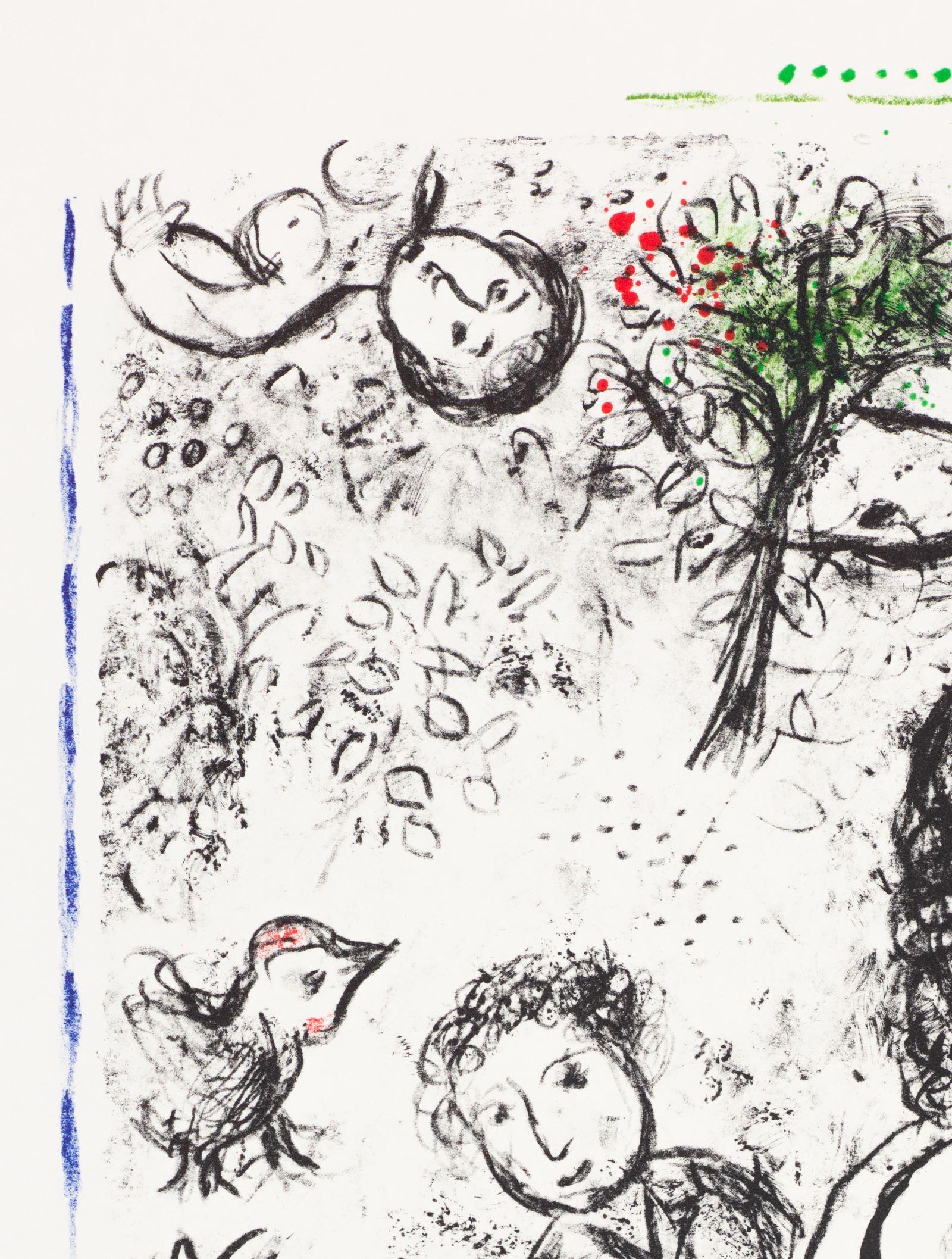 Springtime Memory (M.1019) is lithograph by Marc Chagall, image size 19.75 x 13.25 inches and framed dimensions 35.5 x 28.5 inches. A proof outside the edition of 64, signed 'Marc Chagall' lower right and annotated 'Epreuve d'artiste' lower left.
