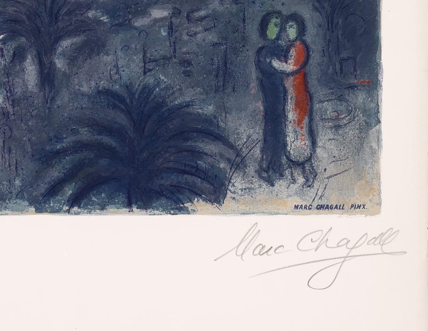 Sunset (CS.26) from Marc Chagall's Nice et la Côte d'Azur suite is a lithograph on paper, signed 'Marc Chagall' lower right and numbered lower left XVI/LXXV, from the edition of 235 (there were also 150 Arabic, and 10 artist proofs, plus a few other