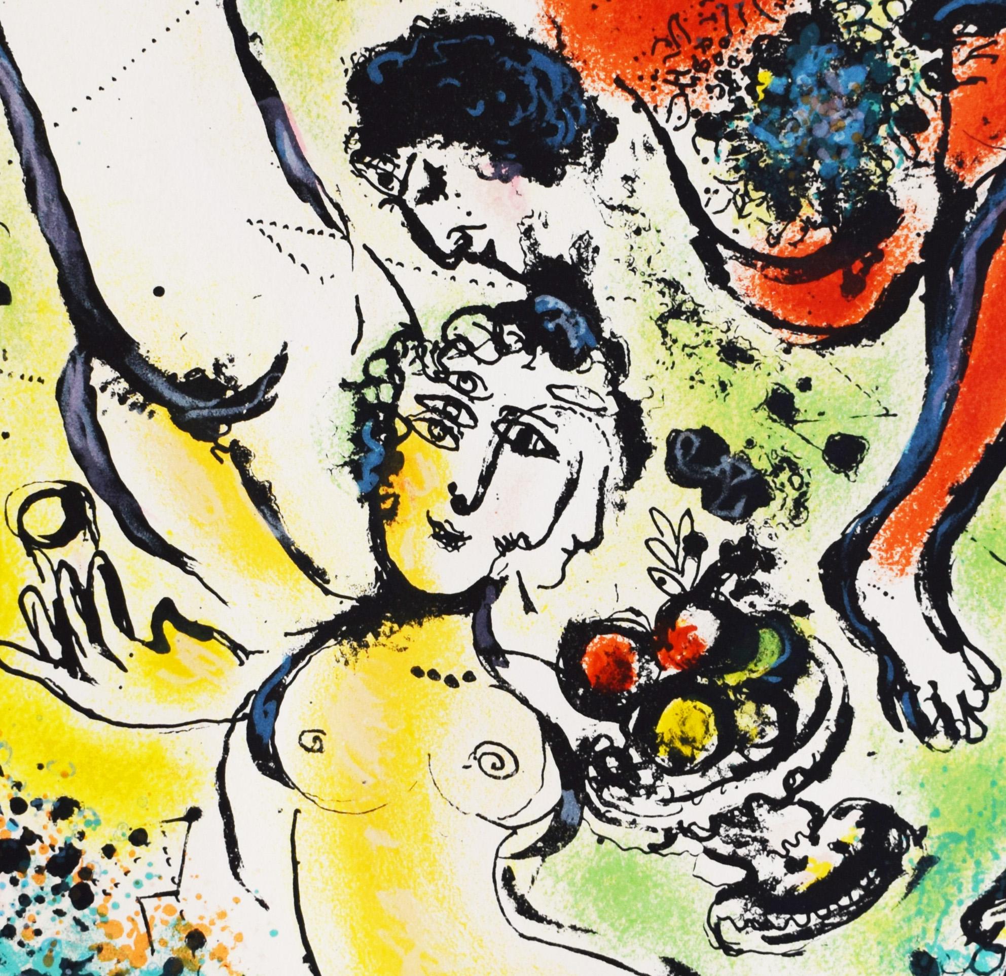 Take up again, muses… Theocritus, from: In the Land of the Gods - Greek Myths - Beige Figurative Print by Marc Chagall