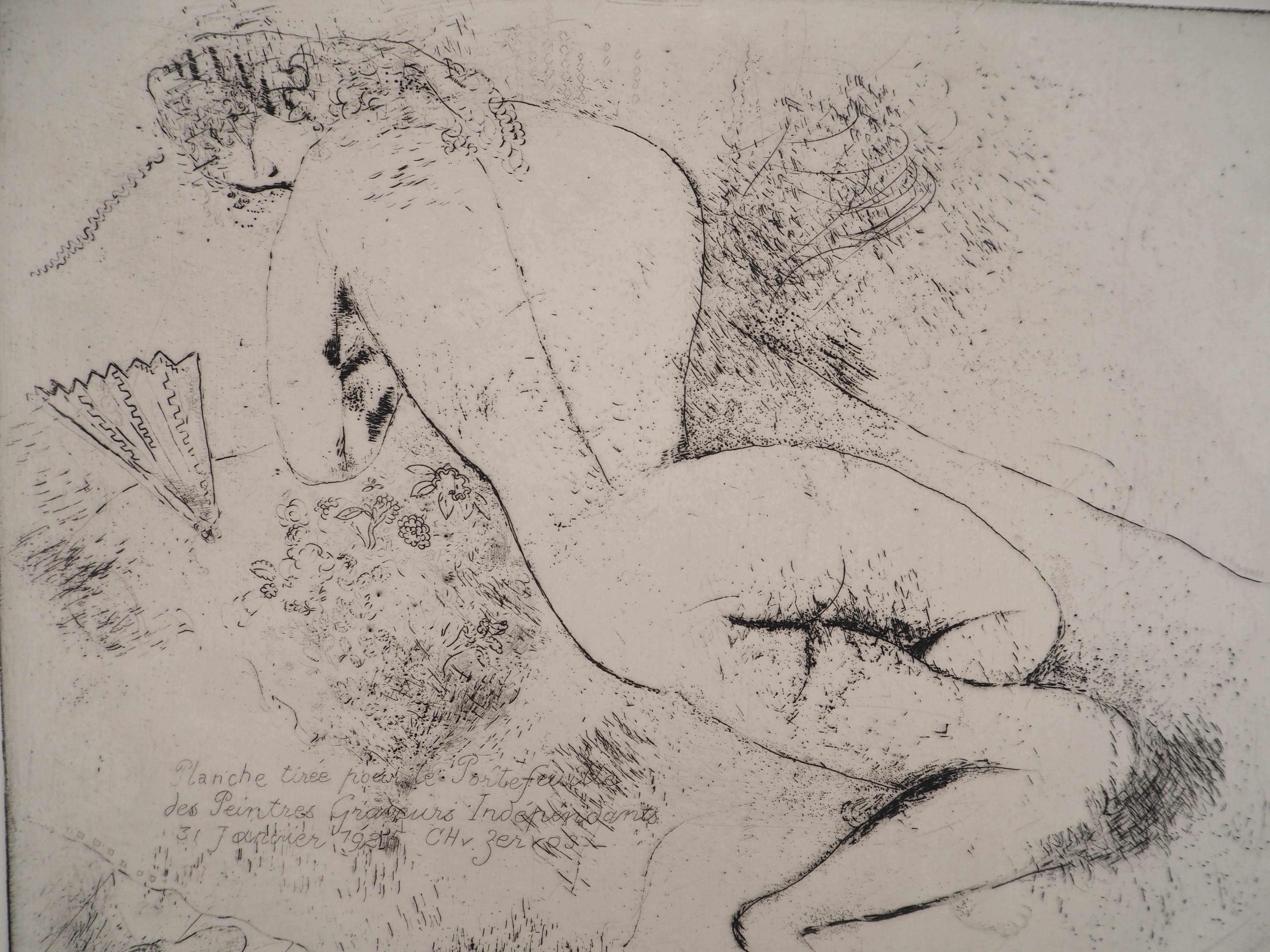 Tall Nude with a Fan - Original etching (Kornfeld #39), 1924 - Modern Print by Marc Chagall