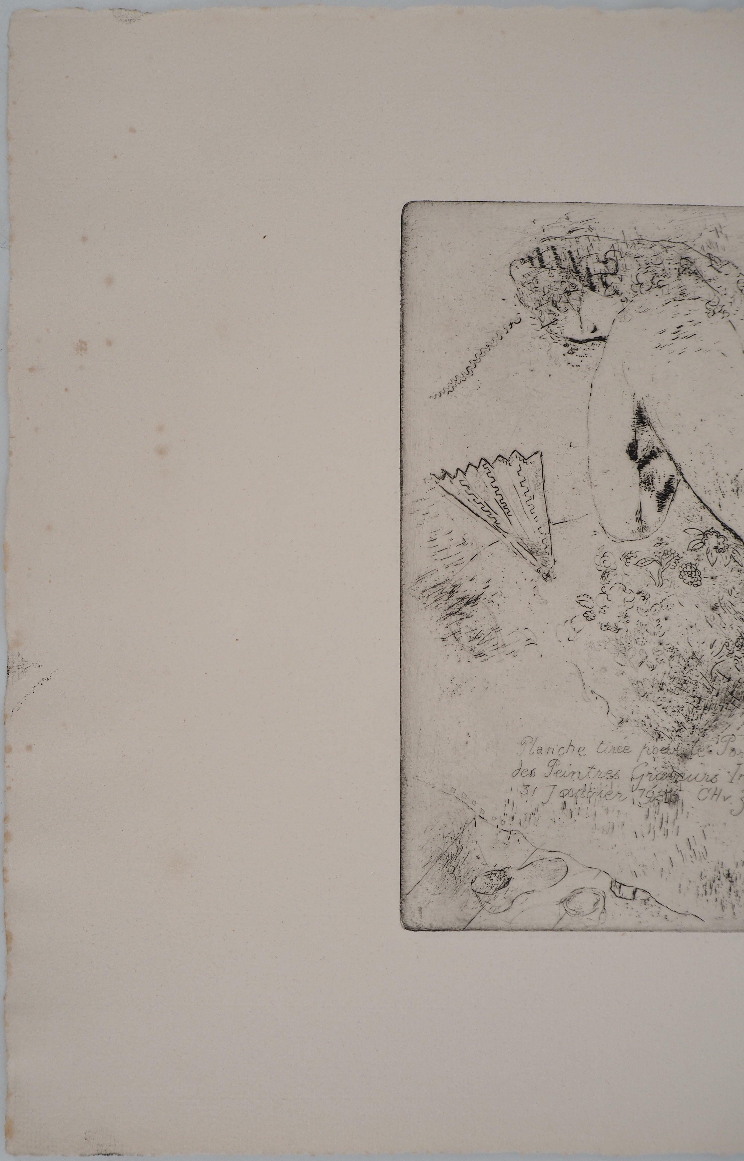 Tall Nude with a Fan - Original etching (Kornfeld #39), 1924 For Sale 4