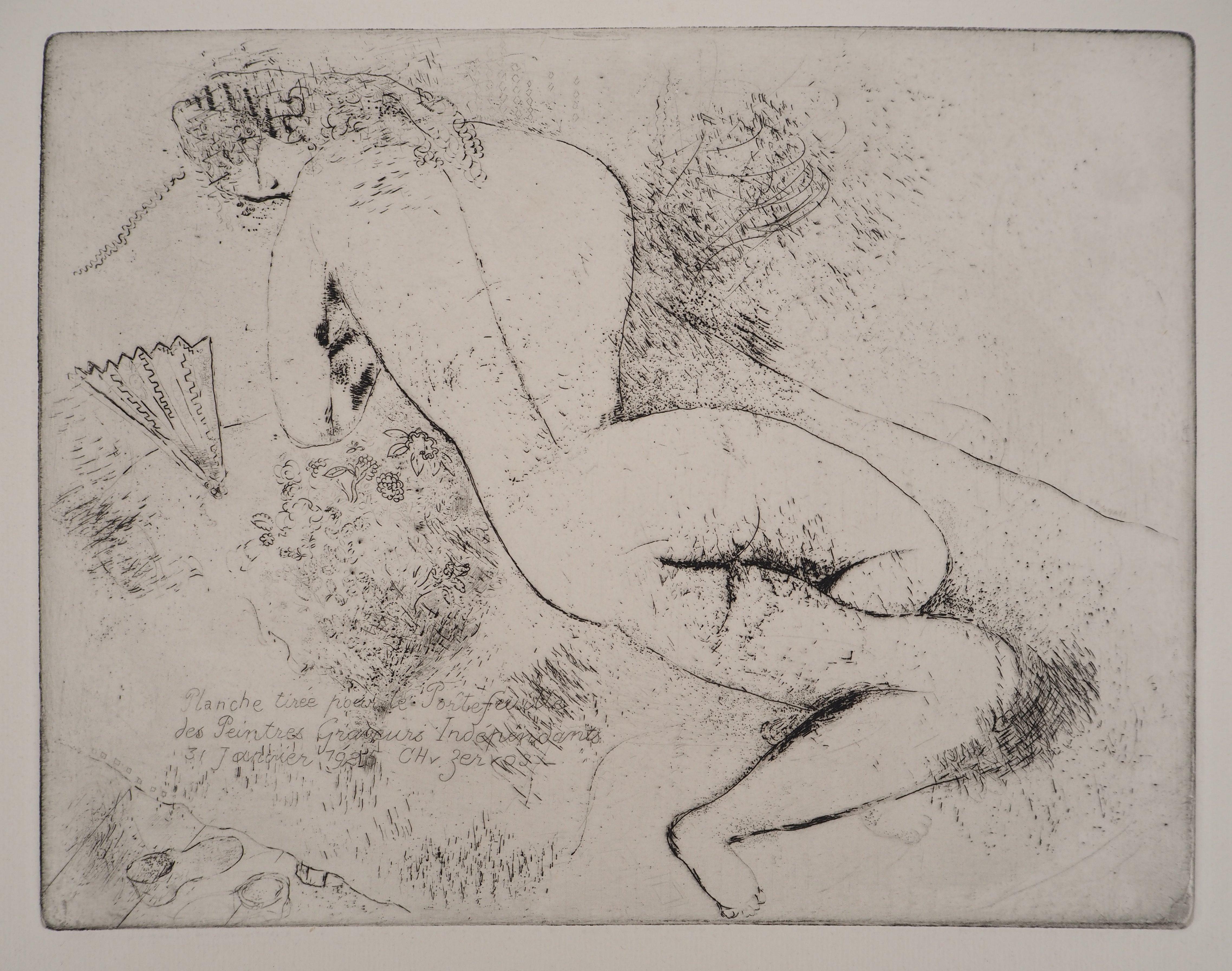 Marc Chagall Figurative Print - Tall Nude with a Fan - Original etching (Kornfeld #39), 1924