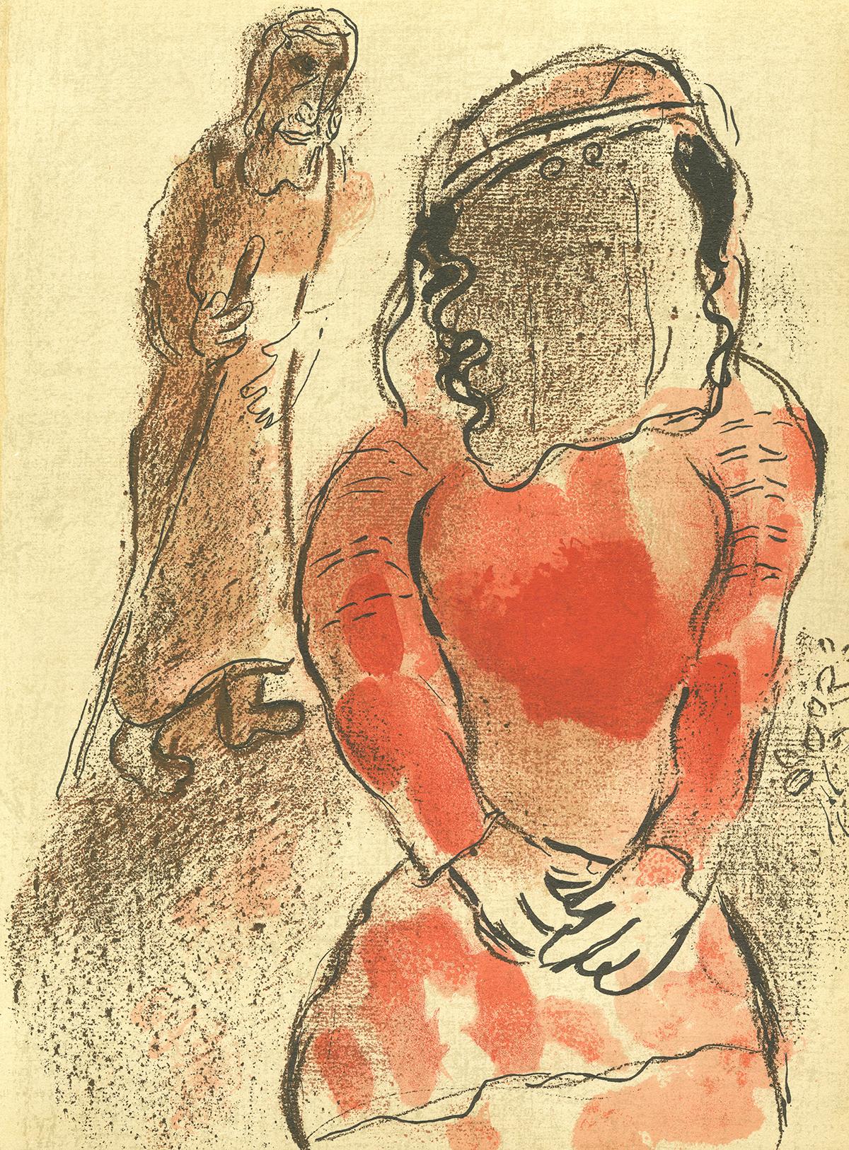 Marc Chagall Figurative Print - 20th century color lithograph man and woman figures red and black