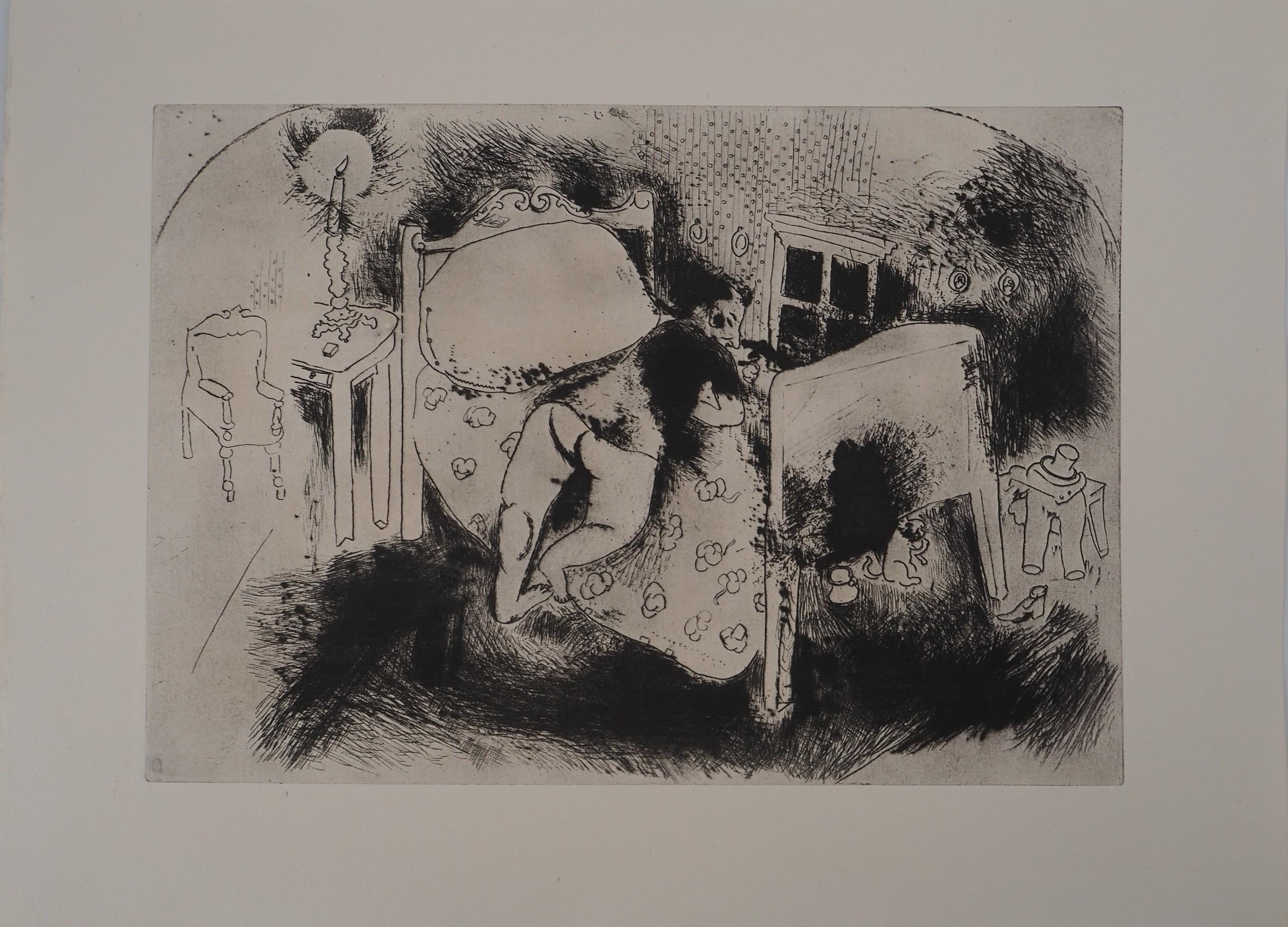 Marc Chagall Figurative Print - Tchitchikov on the Bed - Original Etching - Ref. Sorlier #15