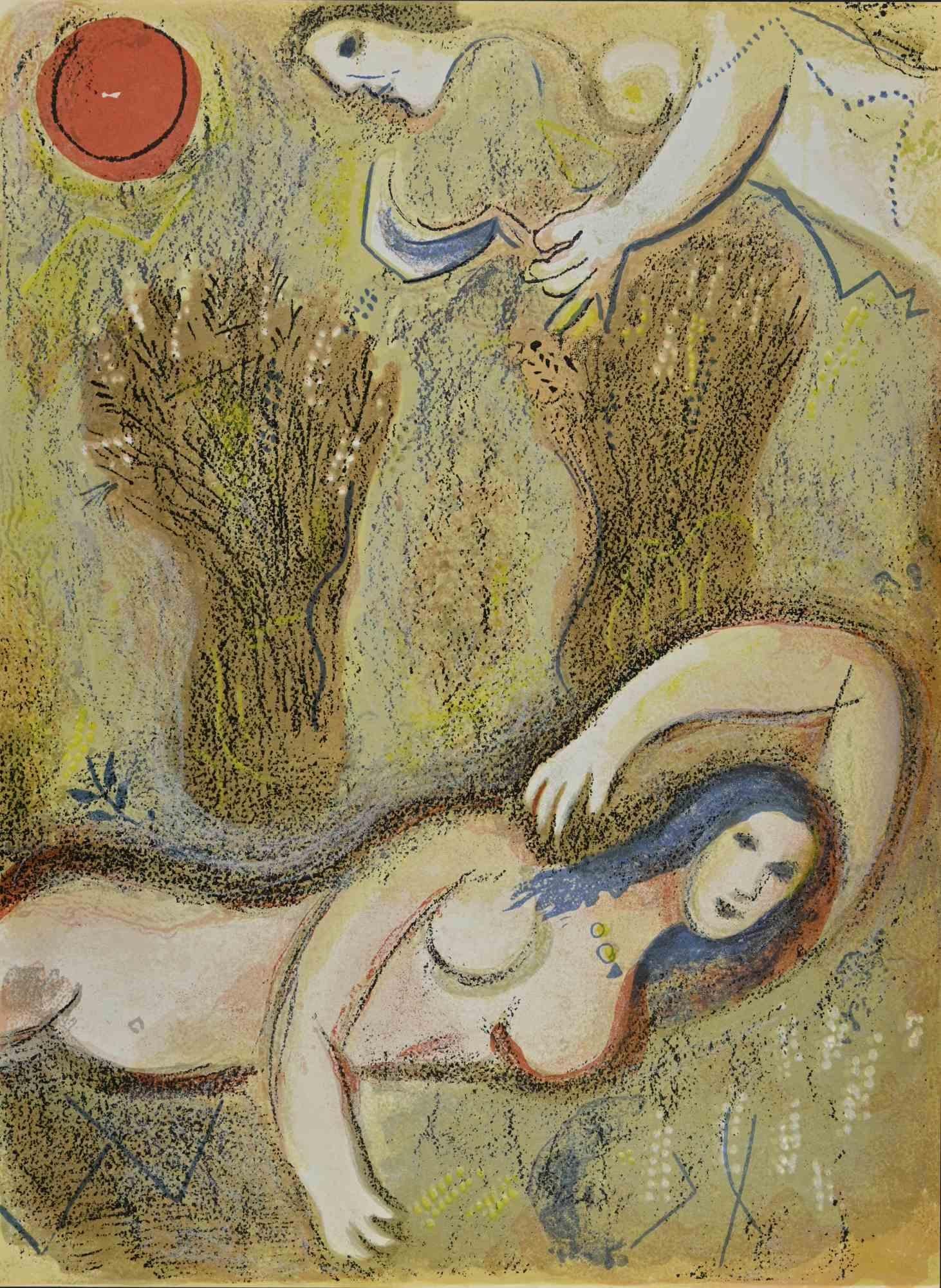 The awakening of Boaz  is an artwork from the Series "The Bible", by Marc Chagall in 1960.

Mixed colored lithograph on brown-toned paper, no signature.

Edition of 6500 unsigned lithographs. Printed by Mourlot and published by Tériade,
