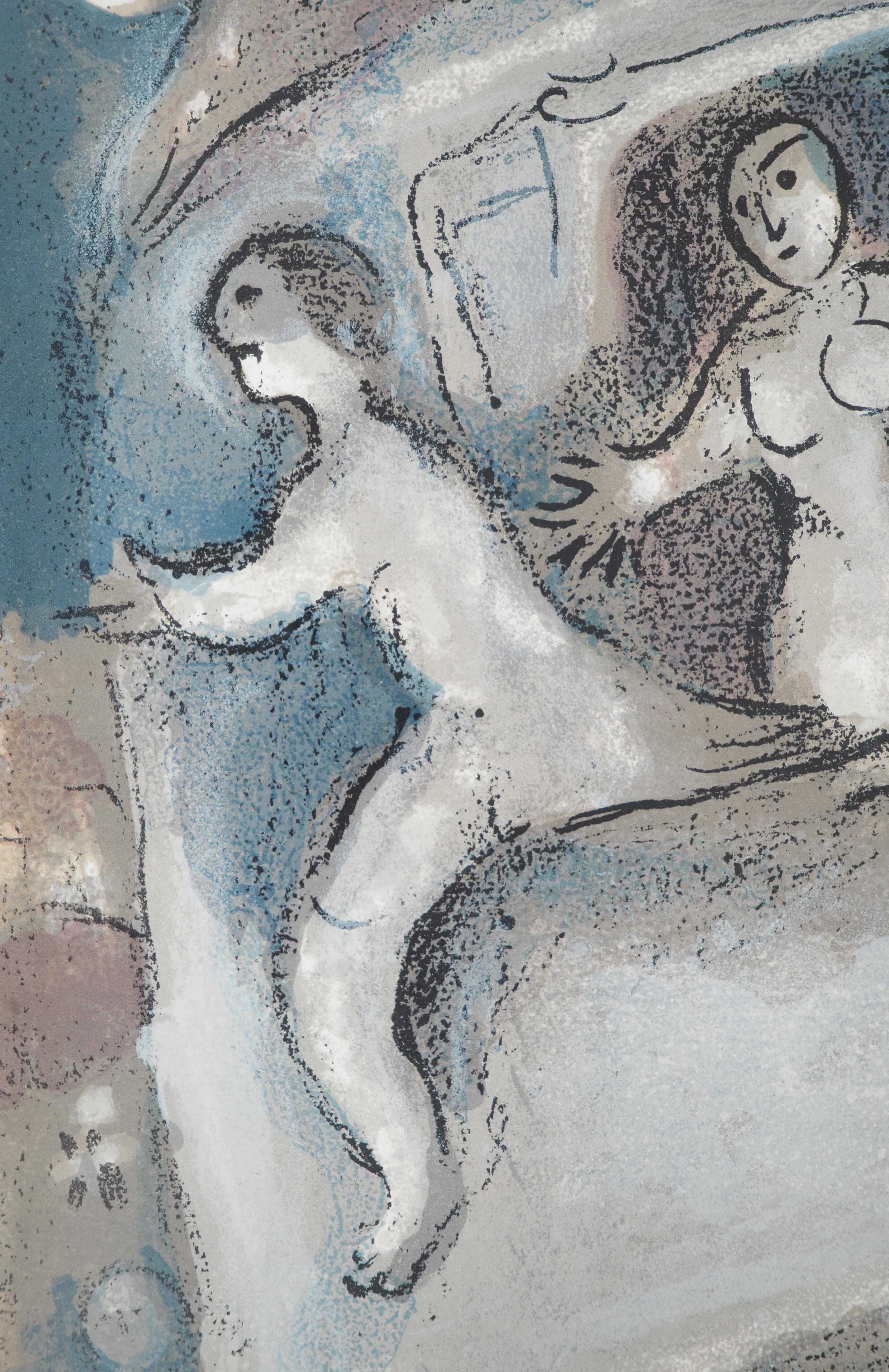Marc Chagall (1887-1985) 
The Bible,  The escape of David, 1960

Original lithograph (Mourlot Workshop) 
On paper 36 x 26.5 cm (c. 14.2 x 10.2 in)
Second illustration on the back, see last picture (Mourlot #273) 

REFERENCE: 
Catalogue raisonné