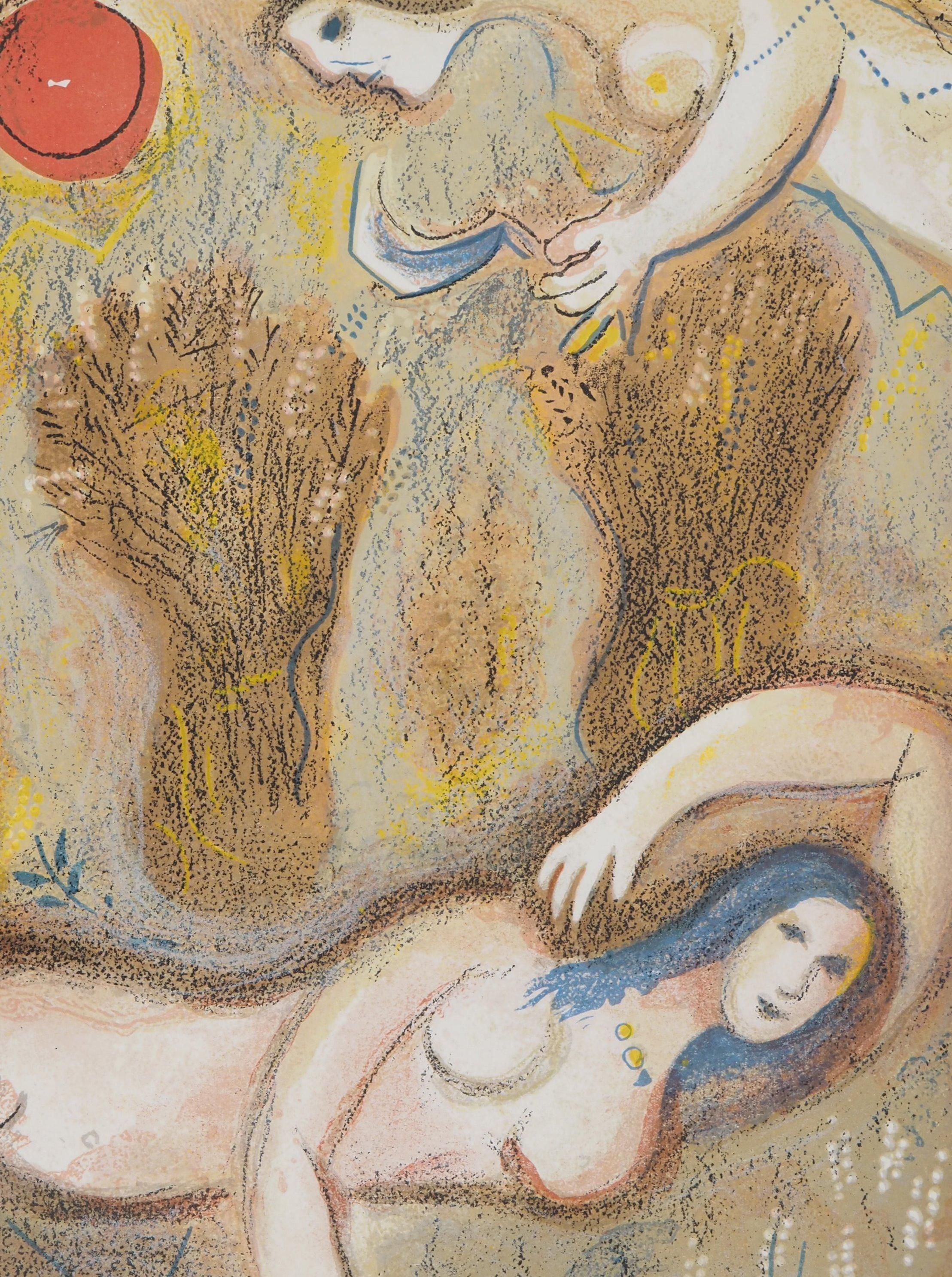 Marc Chagall (1887-1985) 
Die Bibel,  Die junge Frau auf dem Feld

Original-Lithographie (Werkstatt Daeger) 
Auf Papier 36 x 26,5 cm (ca. 14,2 x 10,2 Zoll)
Zweite Illustration auf der Rückseite, siehe Foto Nr. 7 (Mourlot #272) 

REFERENZ: