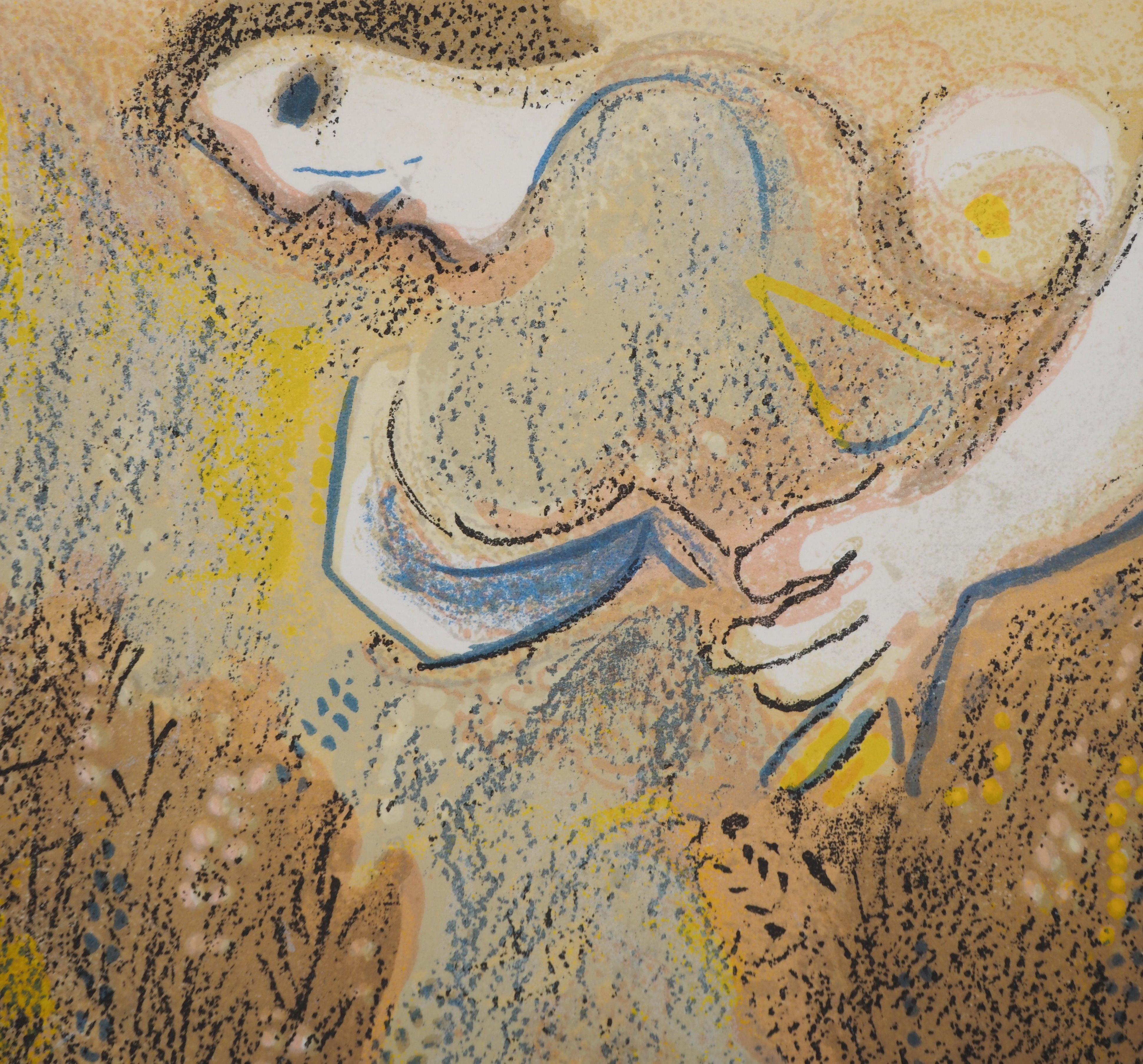 Marc Chagall (1887-1985) 
La Biblia,  La joven del campo

Litografía original (taller Mourlot) 
Sobre papel 36 x 26,5 cm (c. 14,2 x 10,2 pulg.)
Segunda ilustración en el reverso, ver foto nº 7 (Mourlot nº 272) 

REFERENCIA: Catálogo razonado de