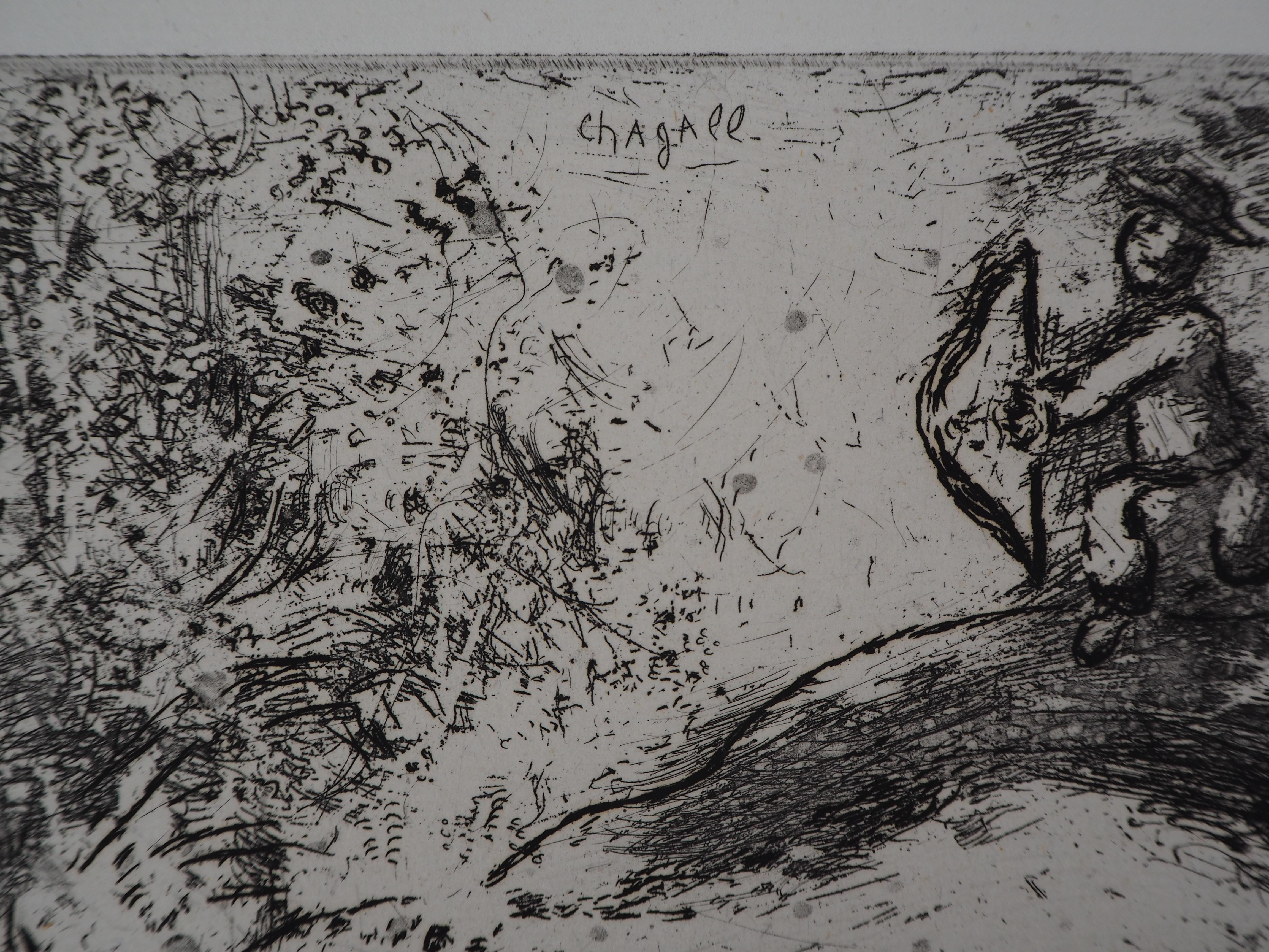 Marc Chagall
Fabeln : Der vom Pfeil verletzte Vogel , 1952

Original-Radierung
Gedruckte Unterschrift auf der Platte
Nummeriert 61 / 85
Auf Montval-Pergament 39 x 28 cm (ca. 15 x 11 in)
Mit COA der Galerie und Fotokopie der Rechtfertigungsseite des