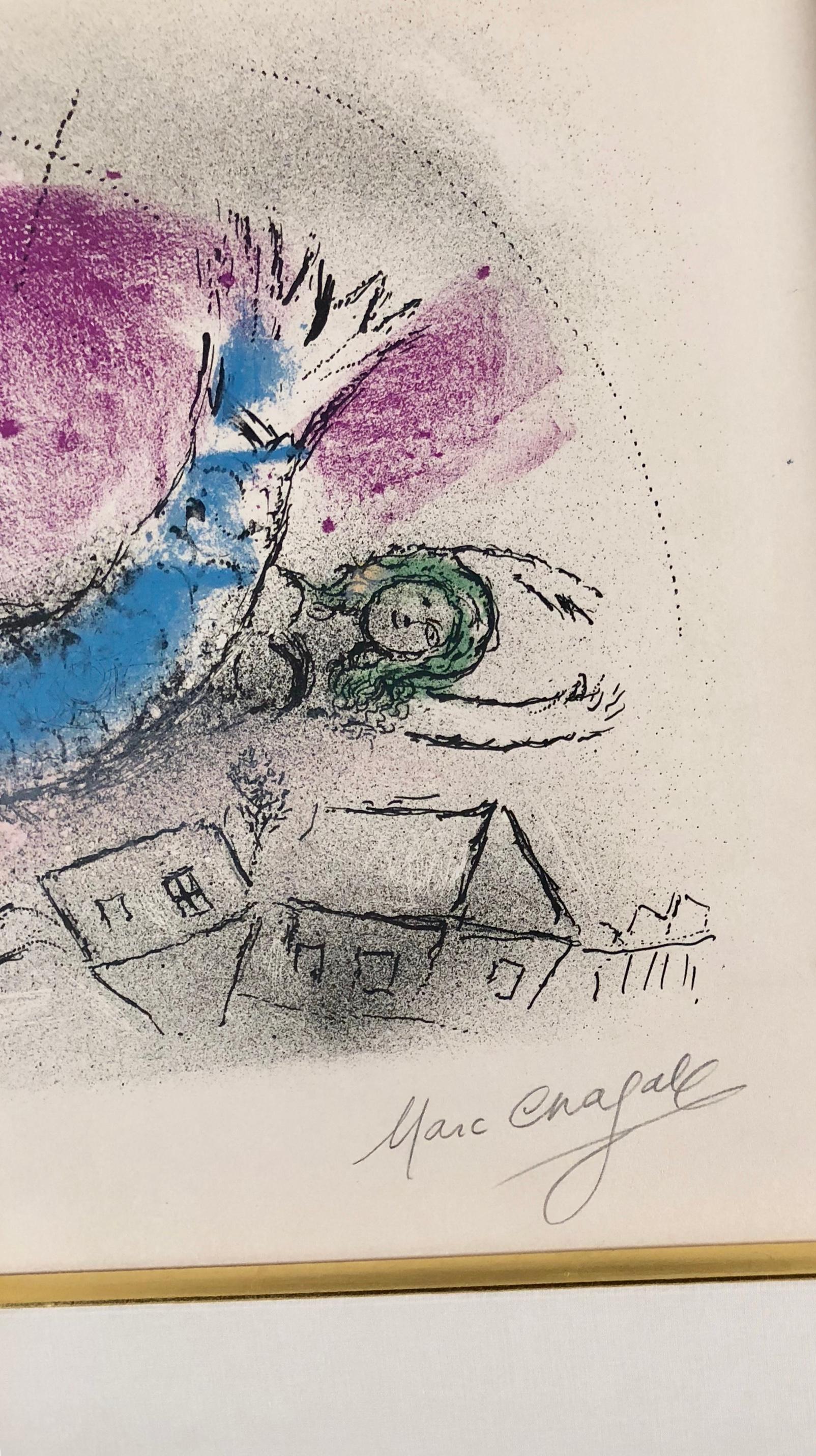 This piece is an original lithograph created by Marc Chagall in 1957. It is hand signed in pencil by Marc Chagall and numbered 25/90 from the edition of 90. The frame of this piece measures 24 x 30.5 inches and the image measures 12 x 19 inches It