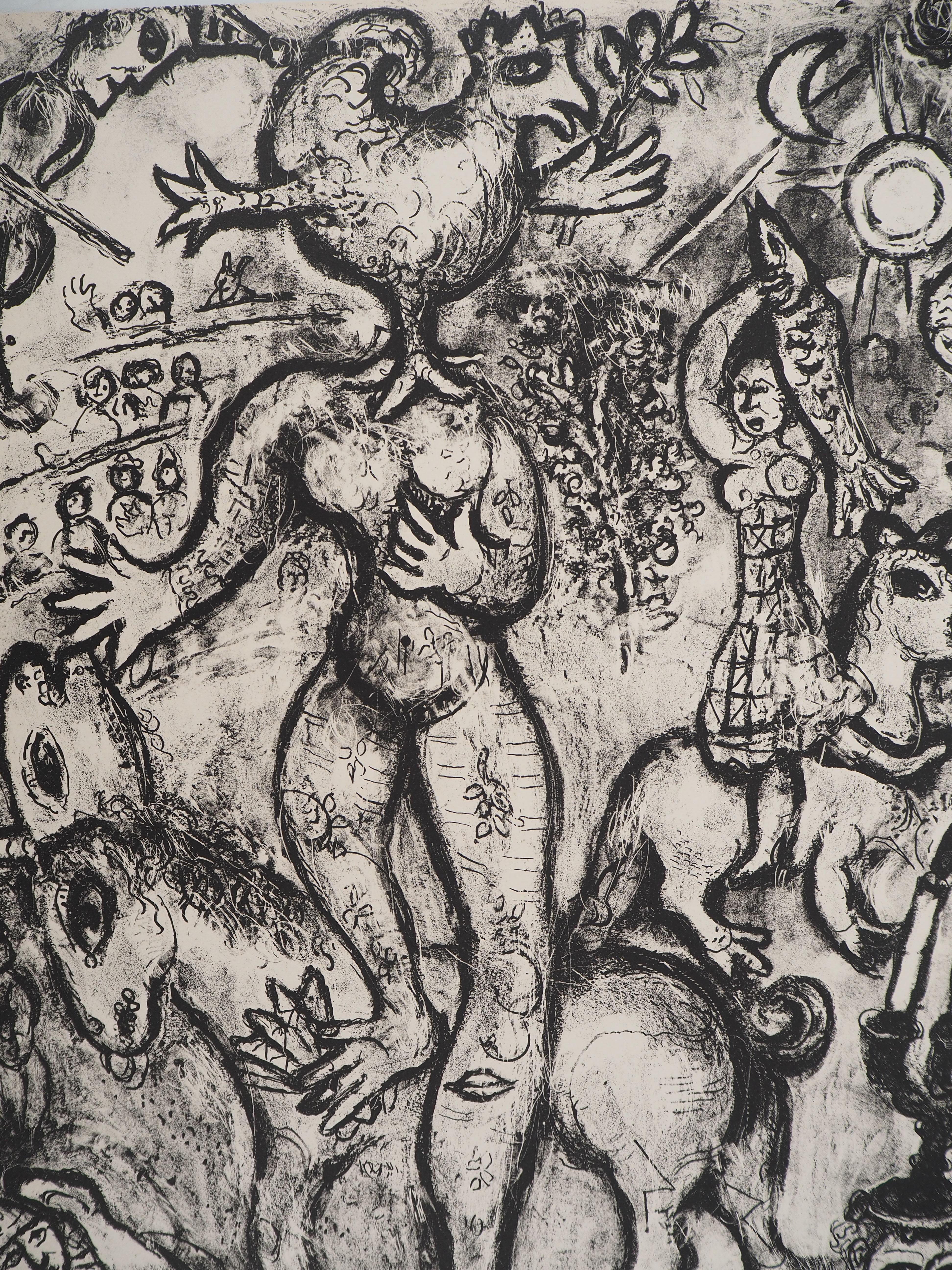 El Circo : Acróbatas, Gallo y Caballos - Litografía original (Mourlot #508) - Print de Marc Chagall