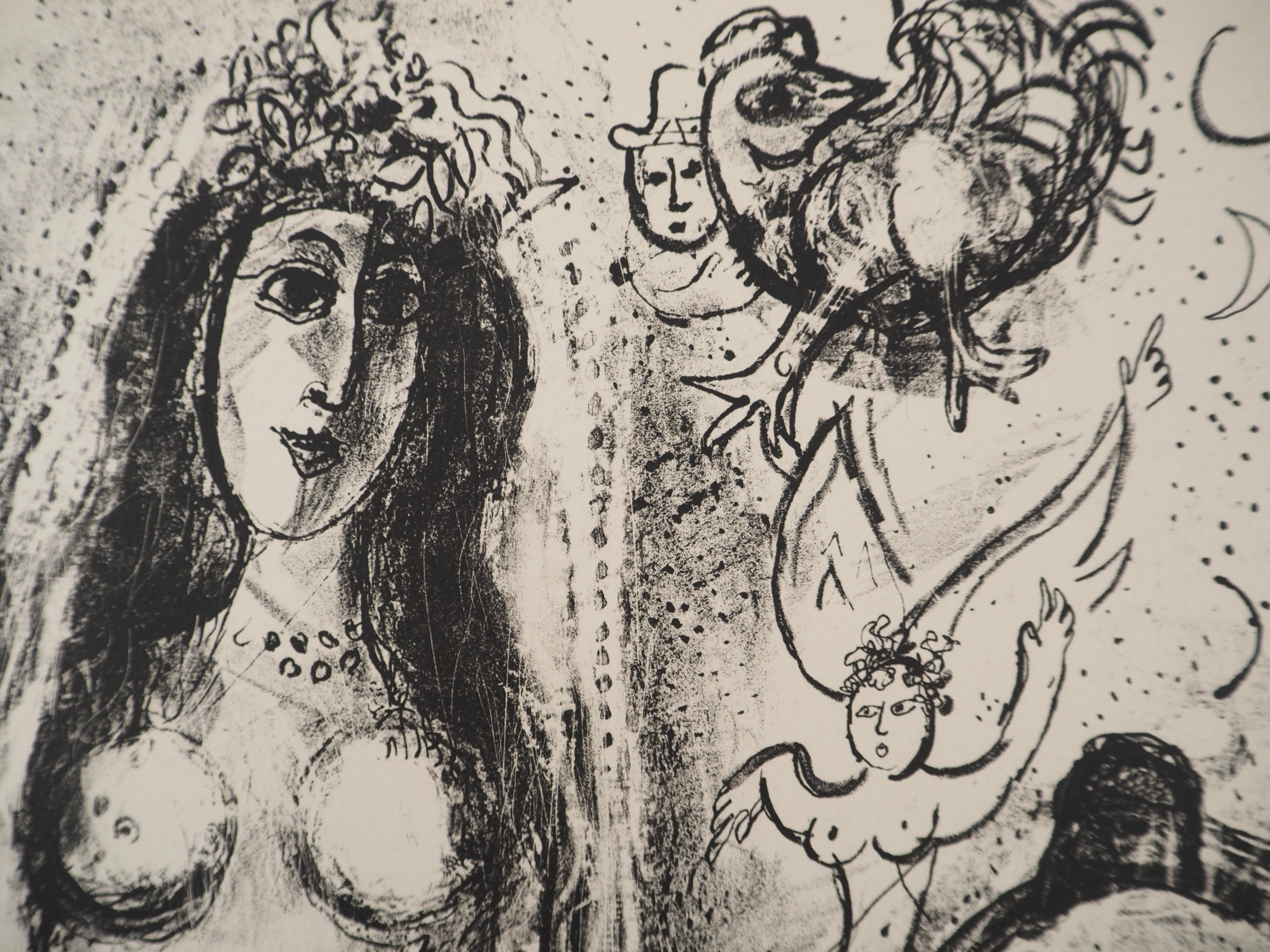 Marc Chagall (1887-1985) 
Il circo: la sposa sotto i riflettori, 1967

Litografia originale (Officina Mourlot) 
Su pergamena Arches 42 x 32 cm (c. 17  x 13 in)

RIFERIMENTO : Catalogo ragionato Chagall Lithographe, Mourlot #520

INFORMAZIONI : Dalla