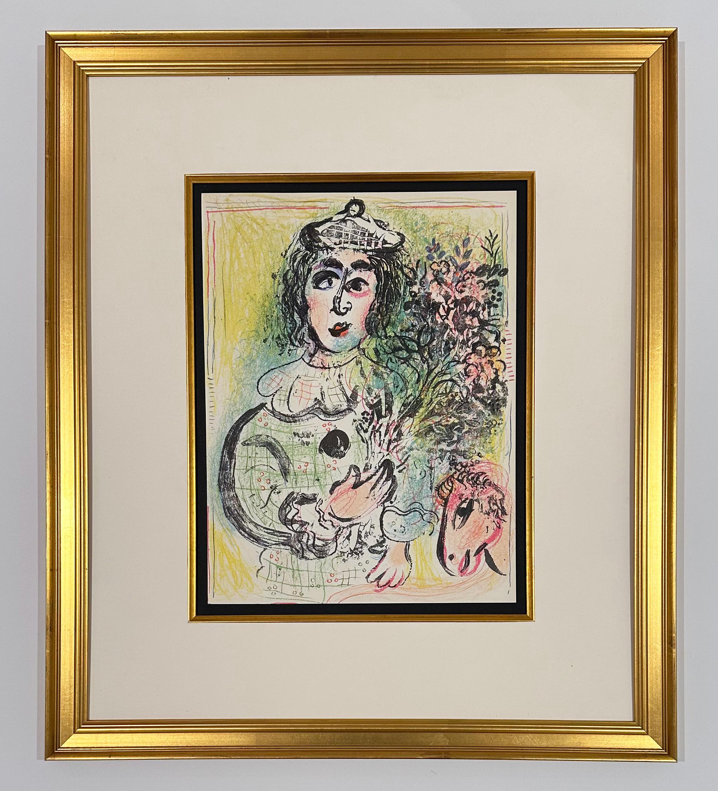 The Clown with Flowers, from 1963 Mourlot Lithographe II - Print by Marc Chagall