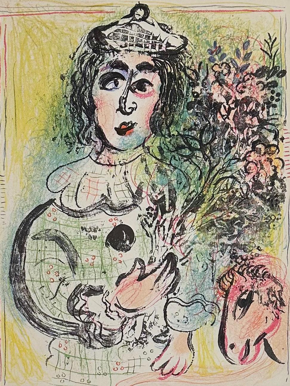 Marc Chagall Figurative Print - The Clown with Flowers, from 1963 Mourlot Lithographe II