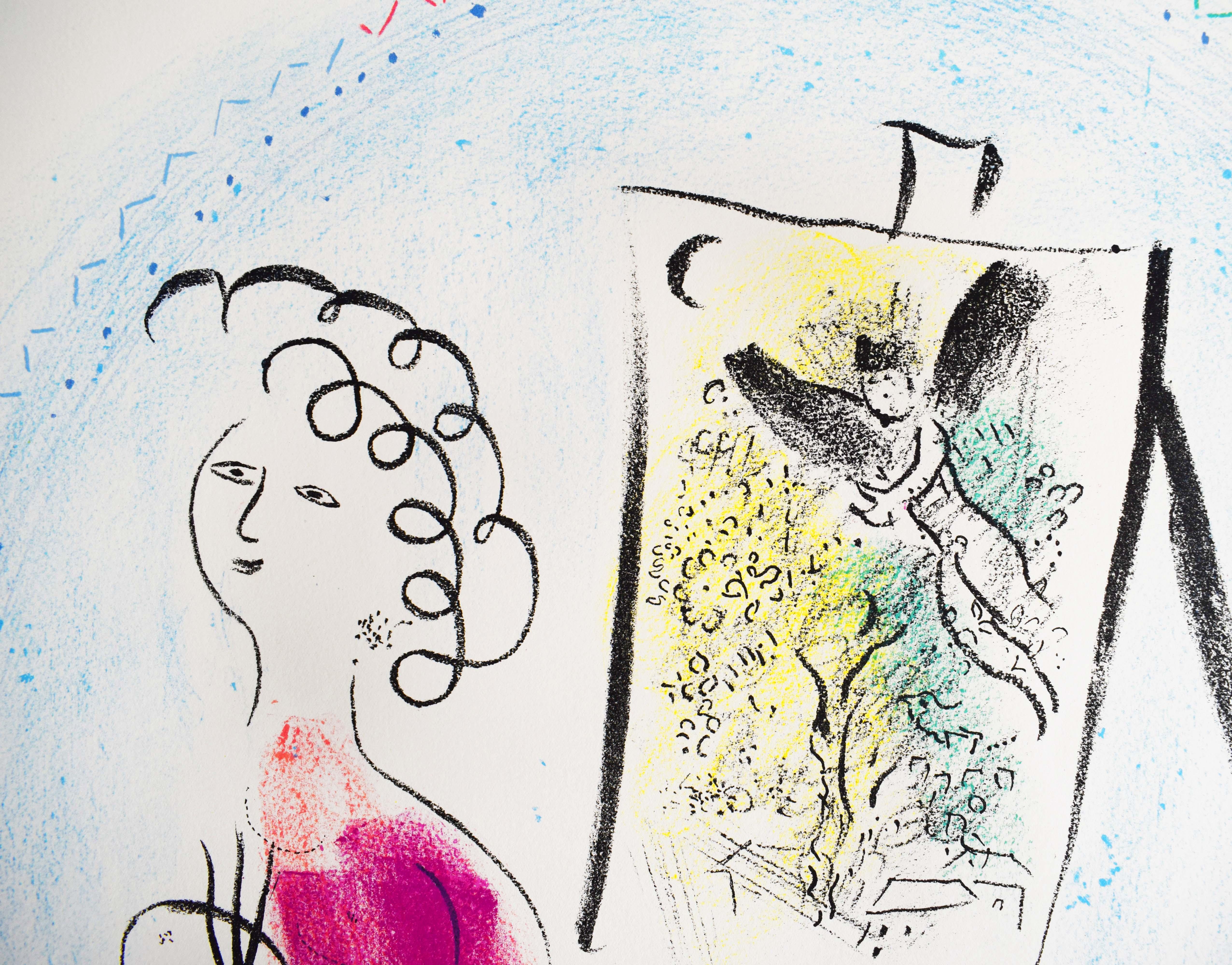 The Easel  Le Chevalet - French Russian Easel Artist Surrealism - Gray Figurative Print by Marc Chagall