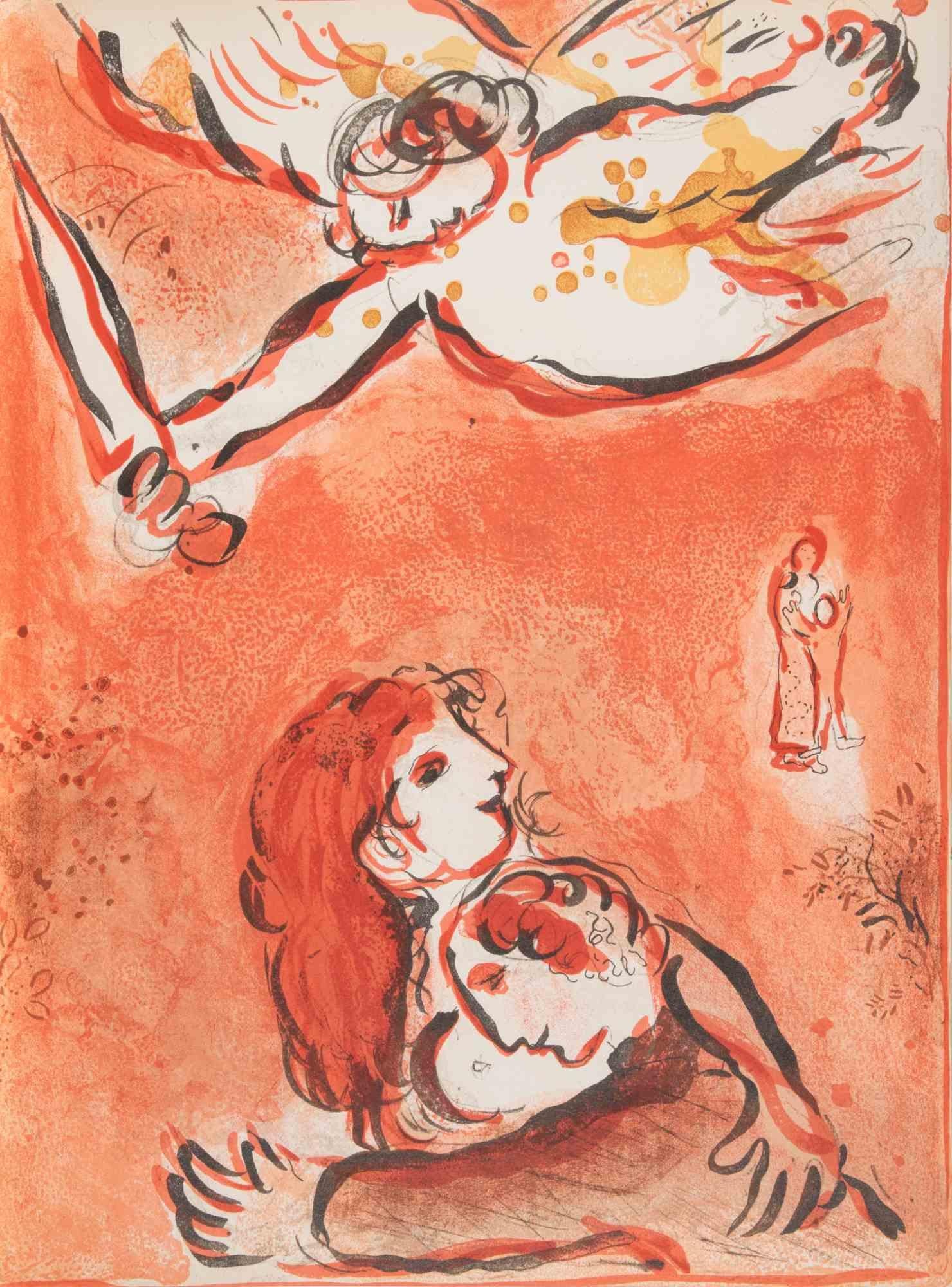 Litografía en color realizada por Marc Chagall en 1960 para ilustrar "La Biblia". 

Edición de 6500 ejemplares, publicada por Tériade en los nº 33 y 34 de la Revista de Arte Verve.

Impreso por Mourlot y Draeger Frères, París.

Ref. Cramer Libros