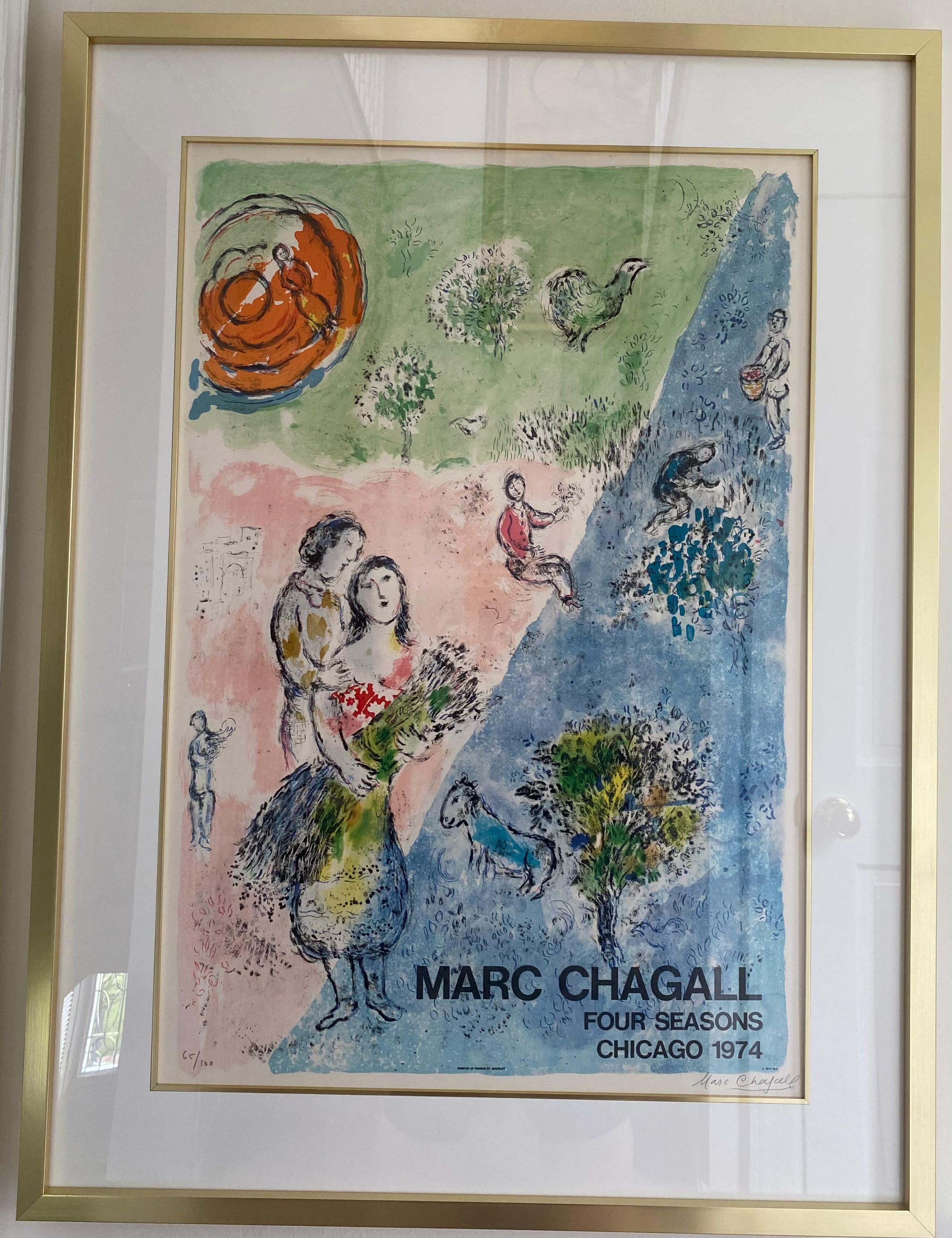 MARC CHAGALL
The Four Seasons.


Color lithograph, 1974. 
940x640 mm; 37x26 inches (sheet), full margins. 
The deluxe edition of 100. 
Signed and numbered 65/100 in pencil, lower margin. 
Printed by Mourlot, Paris. 
Published by The First National