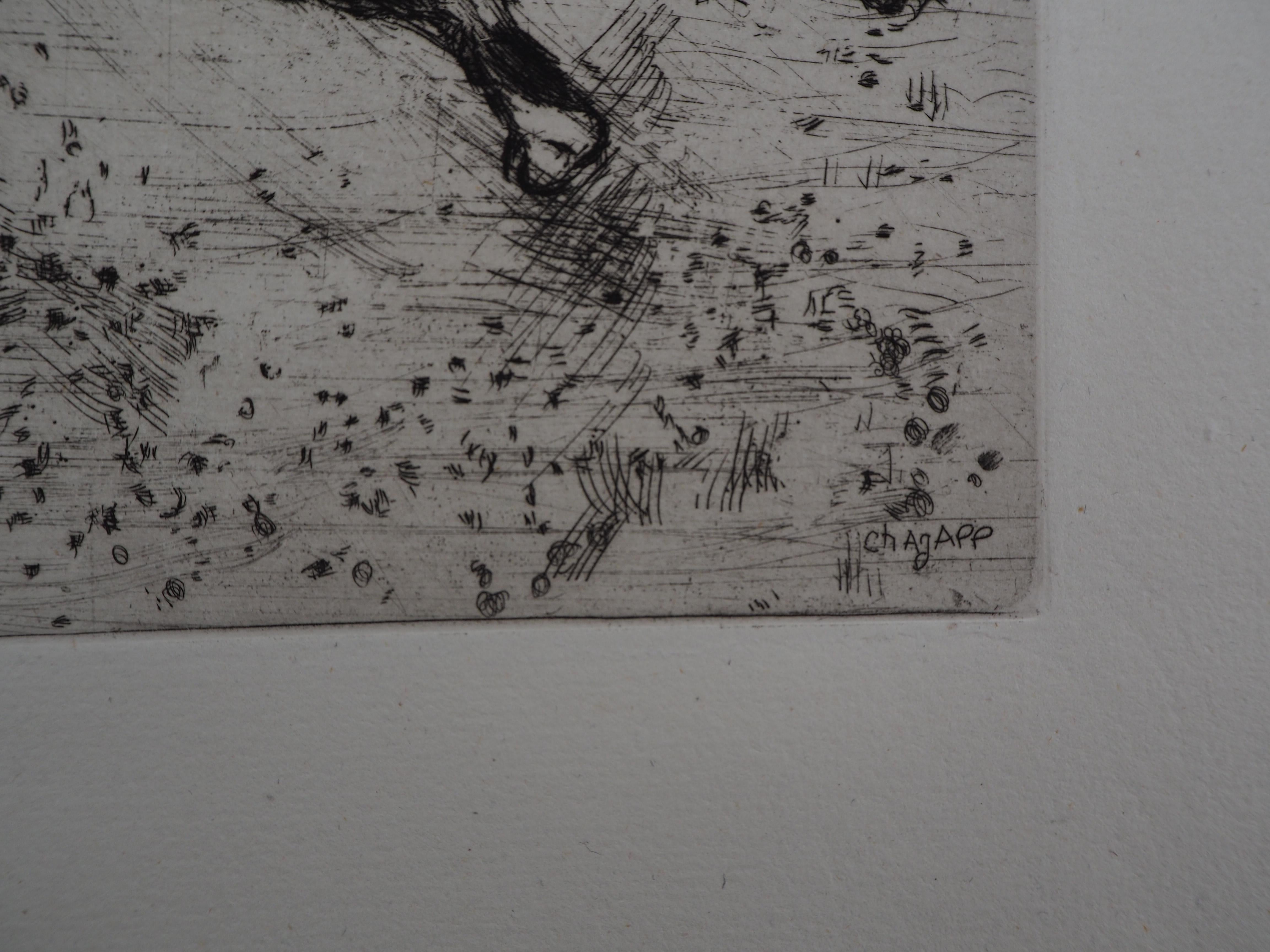 Marc Chagall
Fables : Le Renard et la Cigogne , 1952

Gravure originale
Signature imprimée dans la plaque
Numéroté 61 / 85
Sur vélin de Montval 39 x 28 cm (c. 15 x 11 in)
Avec COA de la galerie et photocopie de la page de justification de l'ensemble