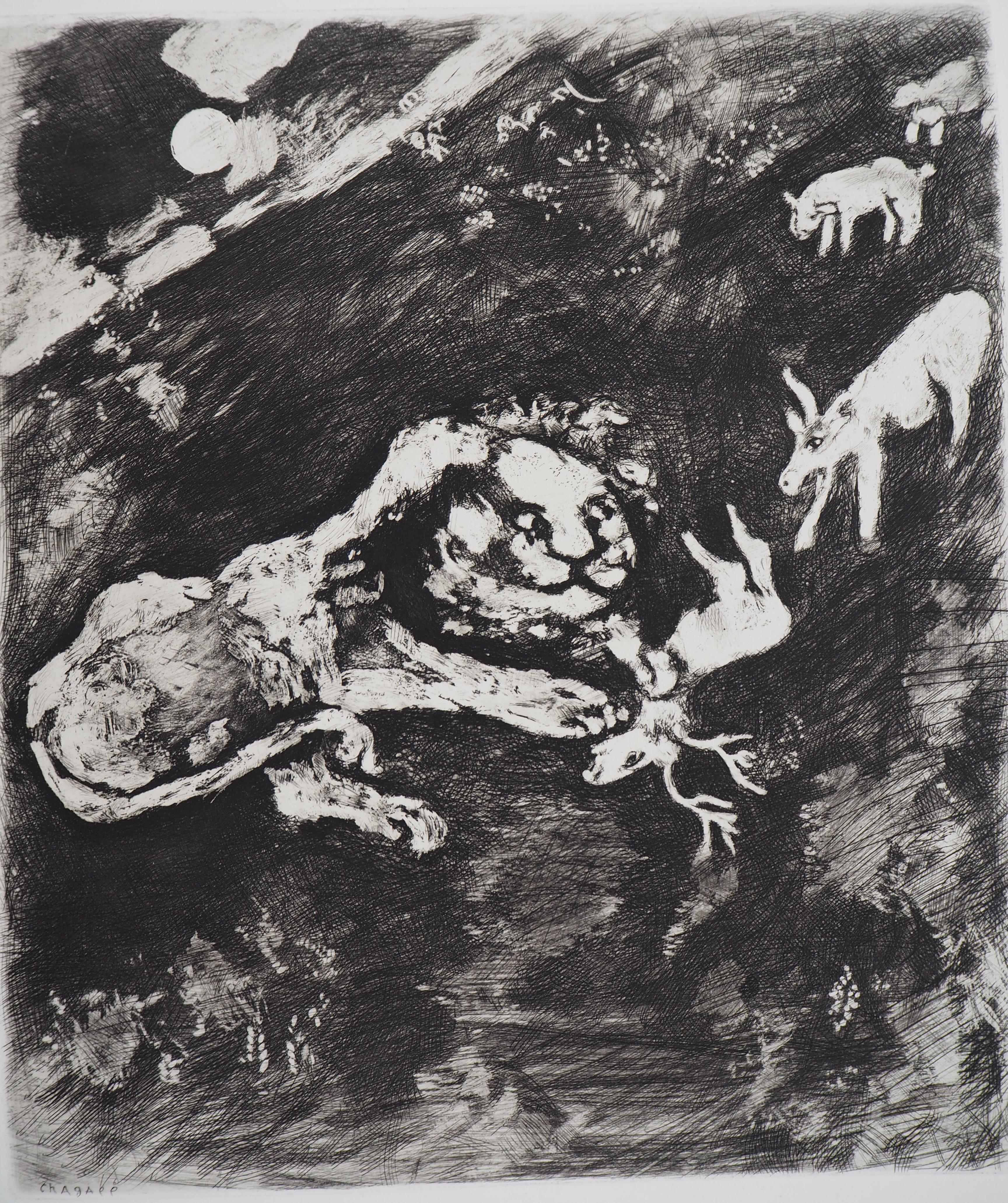 The Goats and the Lion – Original-Radierung – Ref. Sorlier #198 – Print von Marc Chagall