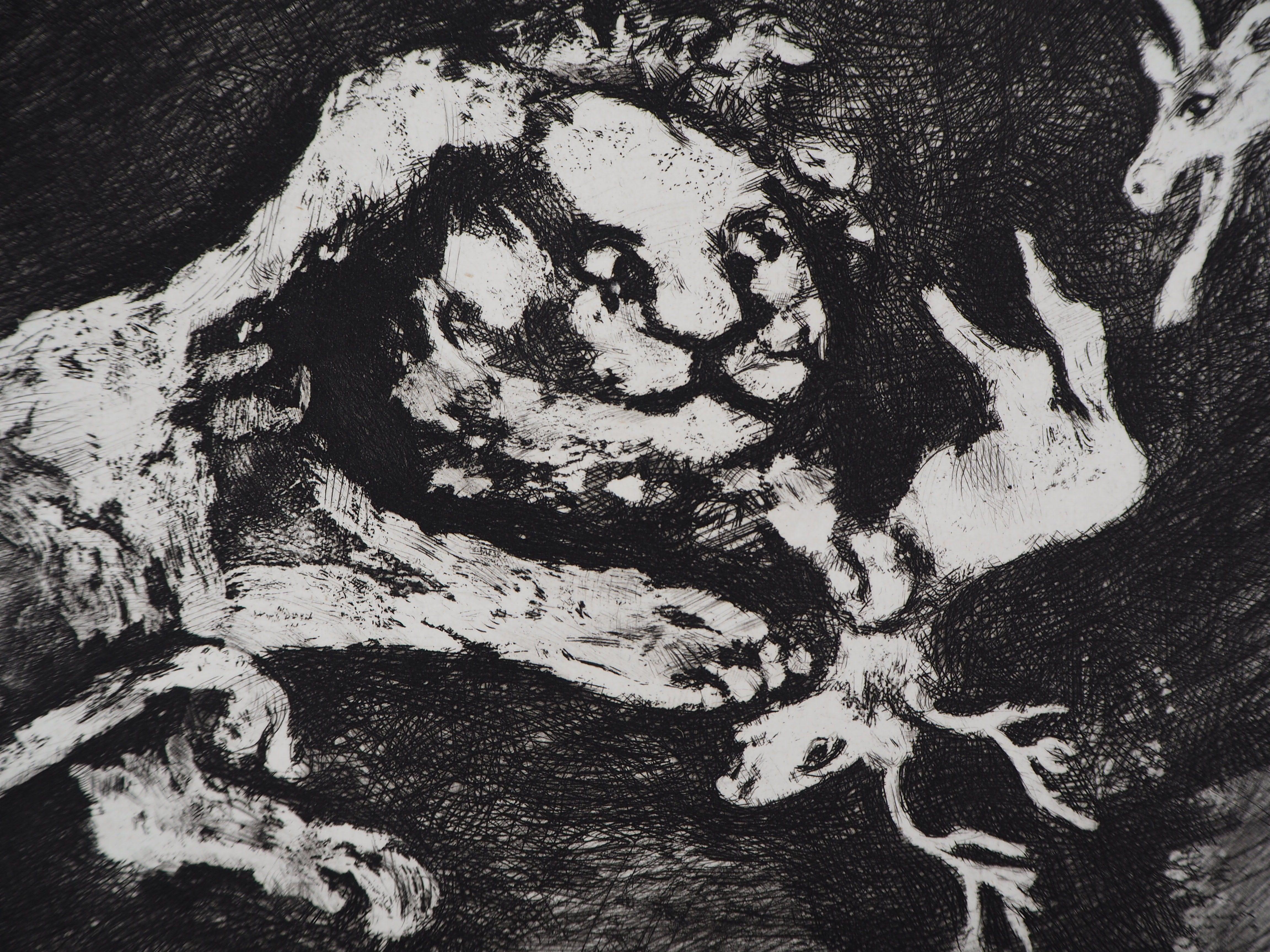 The Goats and the Lion – Original-Radierung – Ref. Sorlier #198 (Grau), Animal Print, von Marc Chagall