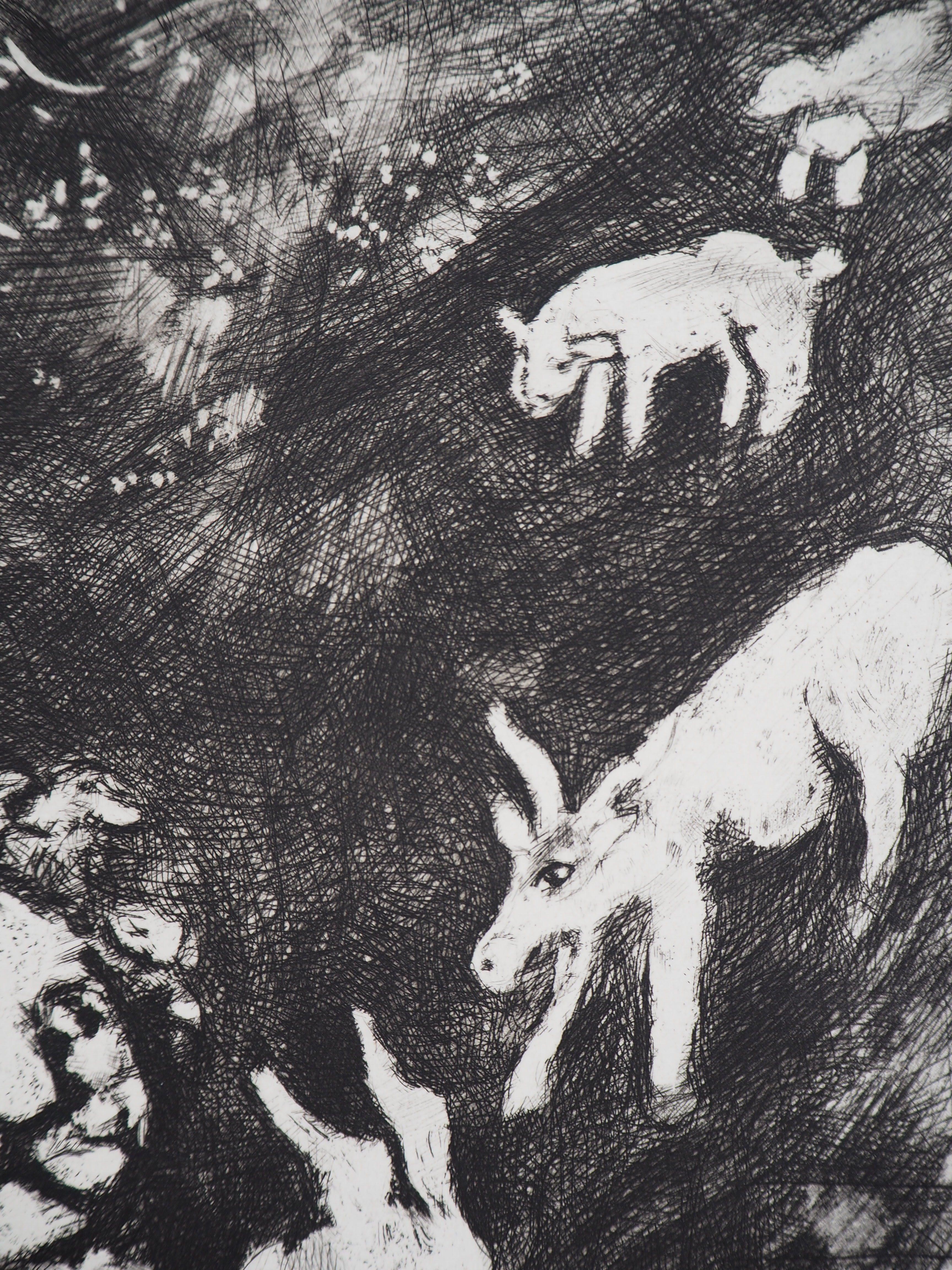 Marc Chagall
Fabeln :  Die Ziegen und der Löwe, 1952

Original-Radierung
Gedruckte Unterschrift auf der Platte
Nummeriert 61 / 85
Auf Montval-Pergament 39 x 28 cm (ca. 15 x 11 in)
Mit COA der Galerie und Fotokopie der Rechtfertigungsseite des Sets
