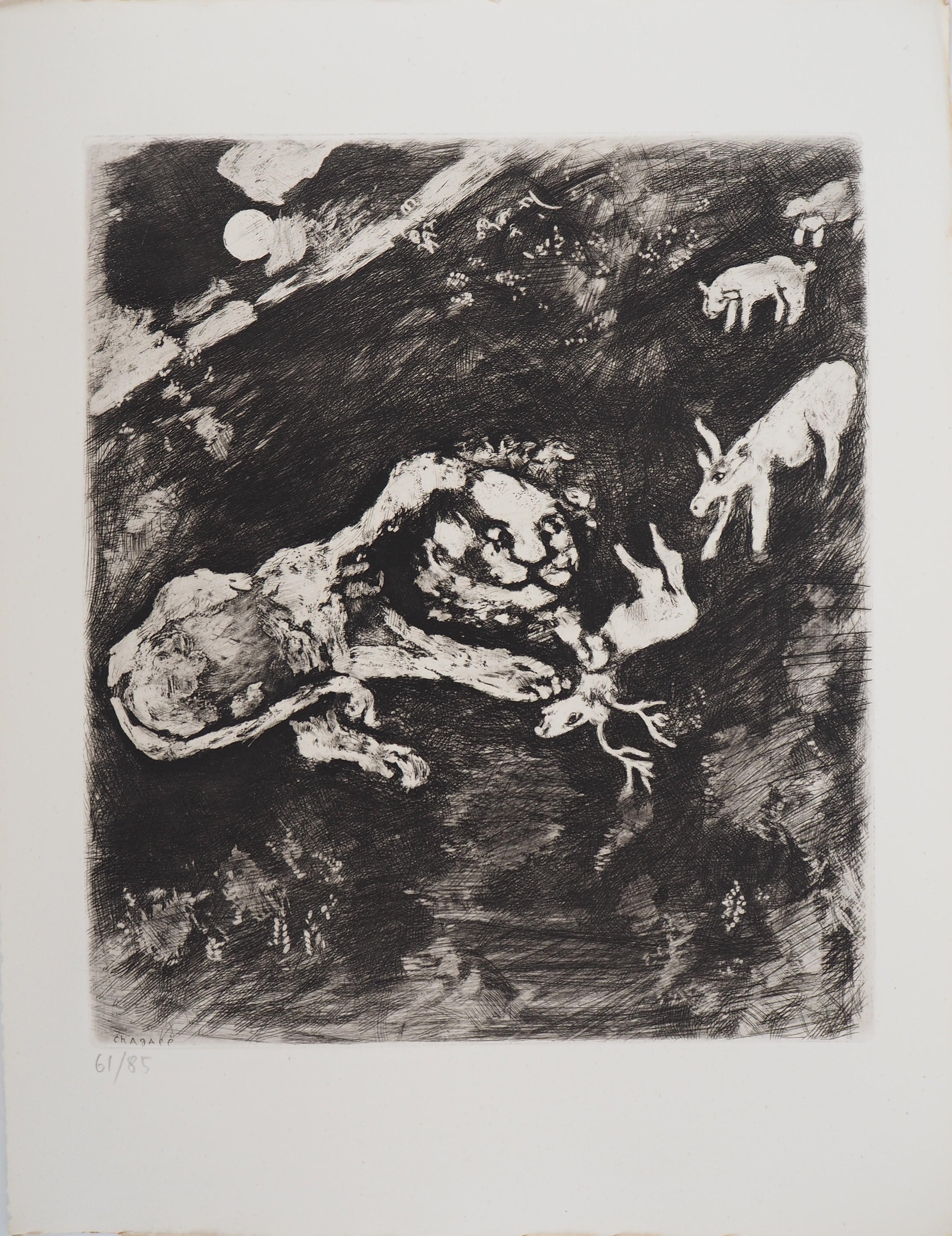Marc Chagall Animal Print - The Goats and the Lion - Original Etching - Ref. Sorlier #198