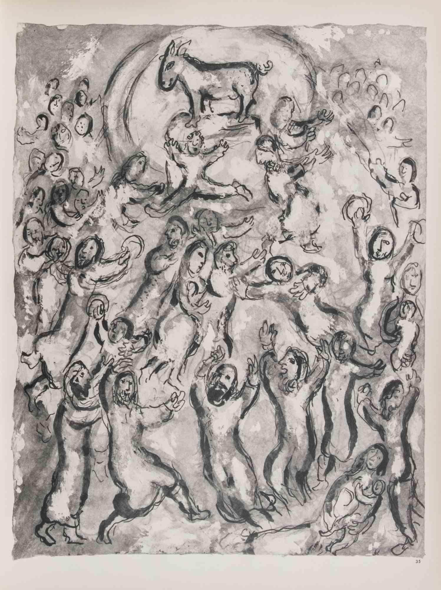 Héliogravure sur papier bruni, donc signature.

Héliogravure sur feuilles de bot, recto et verso.

Édition de 6500 exemplaires non signés. Imprimé par Mourlot et publié par Tériade, Paris.

Réf. Mourlot, F., Chagall Lithographie II 1957-1962, A.