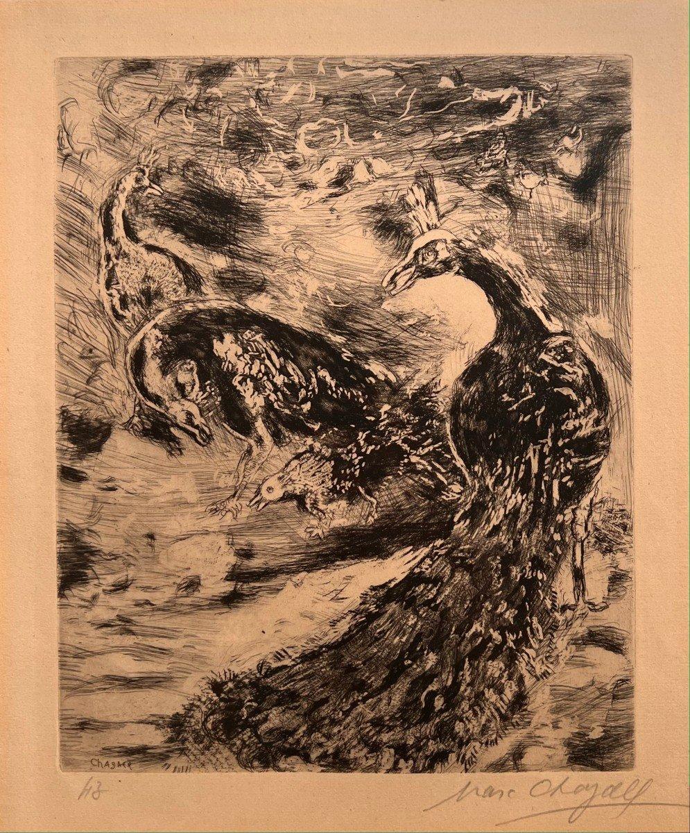 The Jay adorns with peacock feathers, original hand-signed lithograph, limited - Print by Marc Chagall