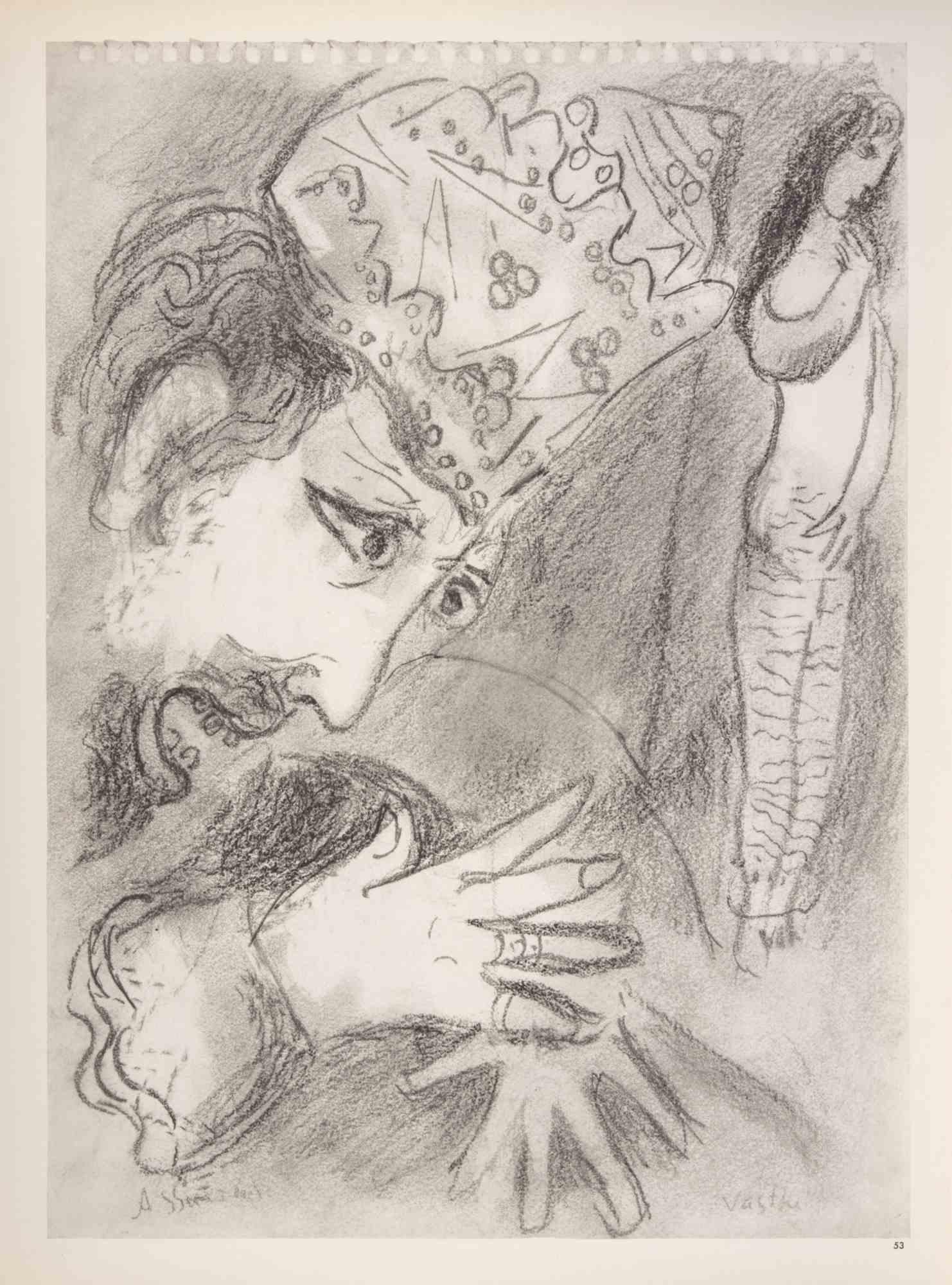 Héliogravure on brown-toned paper, so signature.

On bot sheets, recto and verso.

Edition of 6500 unsigned copies. Printed by Mourlot and published by Tériade, Paris.

Ref. Mourlot, F., Chagall Lithograph II 1957-1962, A. Sauret, Monte Carlo,