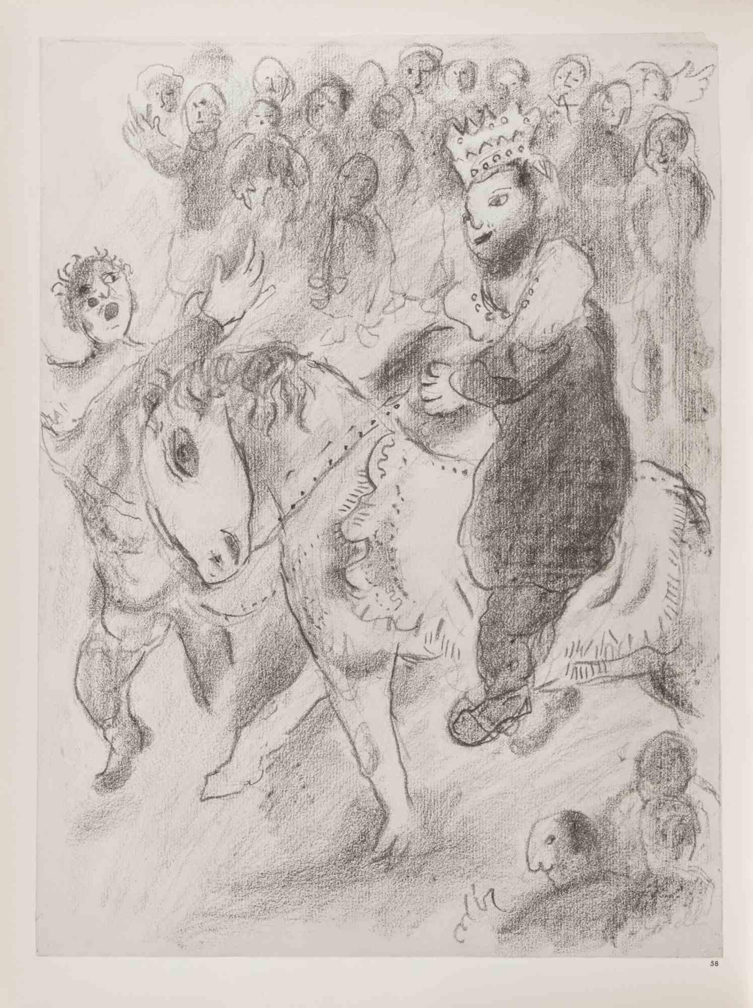 Héliogravure on brown-toned paper, so signature.

Héliogravure  on bot sheets, recto and verso.

Edition of 6500 unsigned copies. Printed by Mourlot and published by Tériade, Paris.

Ref. Mourlot, F., Chagall Lithograph II 1957-1962, A. Sauret,