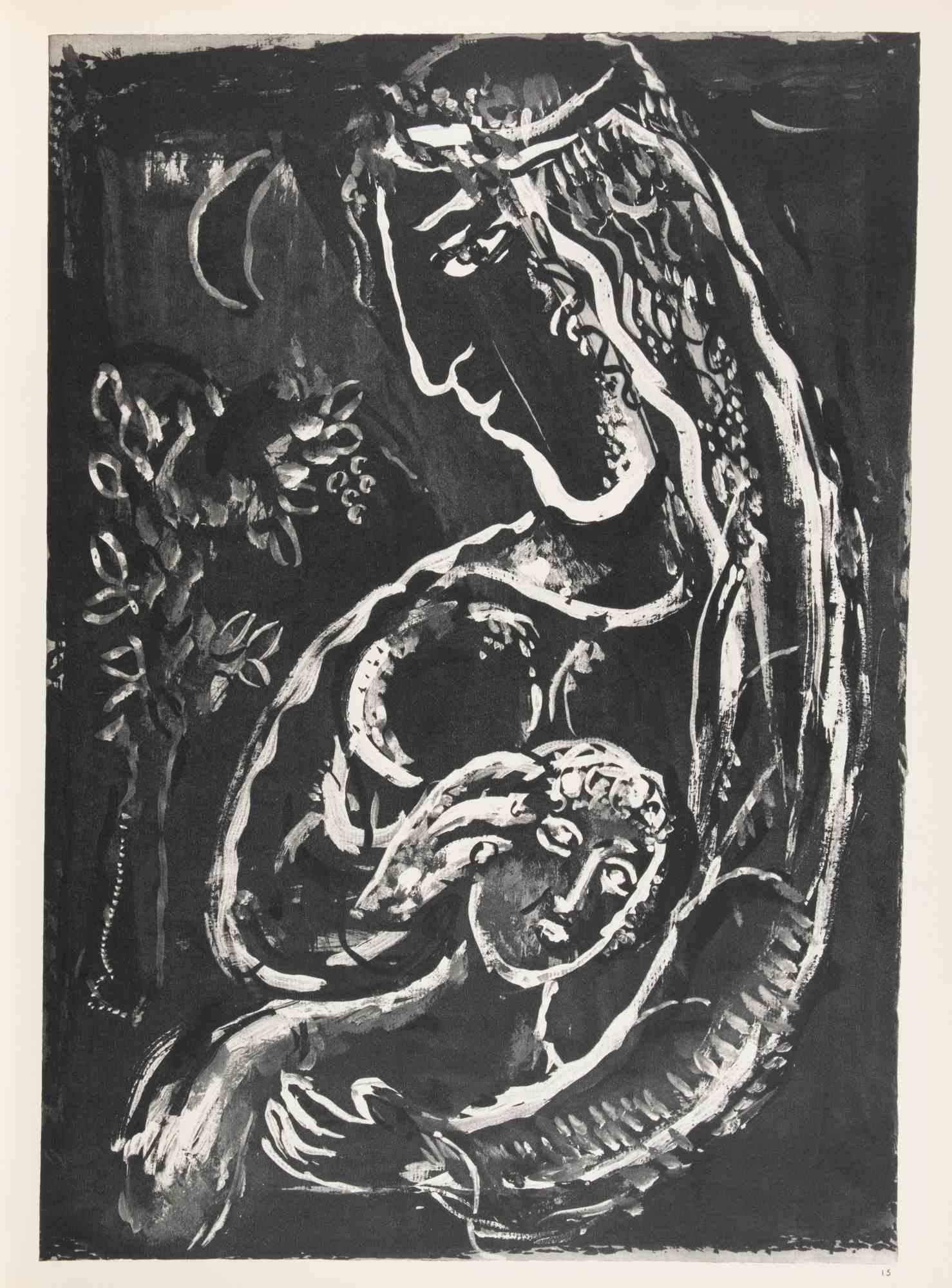 Héliogravure sur papier bruni, donc signature.

Héliogravure sur feuilles de bot, recto et verso.

Édition de 6500 exemplaires non signés. Imprimé par Mourlot et publié par Tériade, Paris.

Réf. Mourlot, F., Chagall Lithographie II 1957-1962, A.