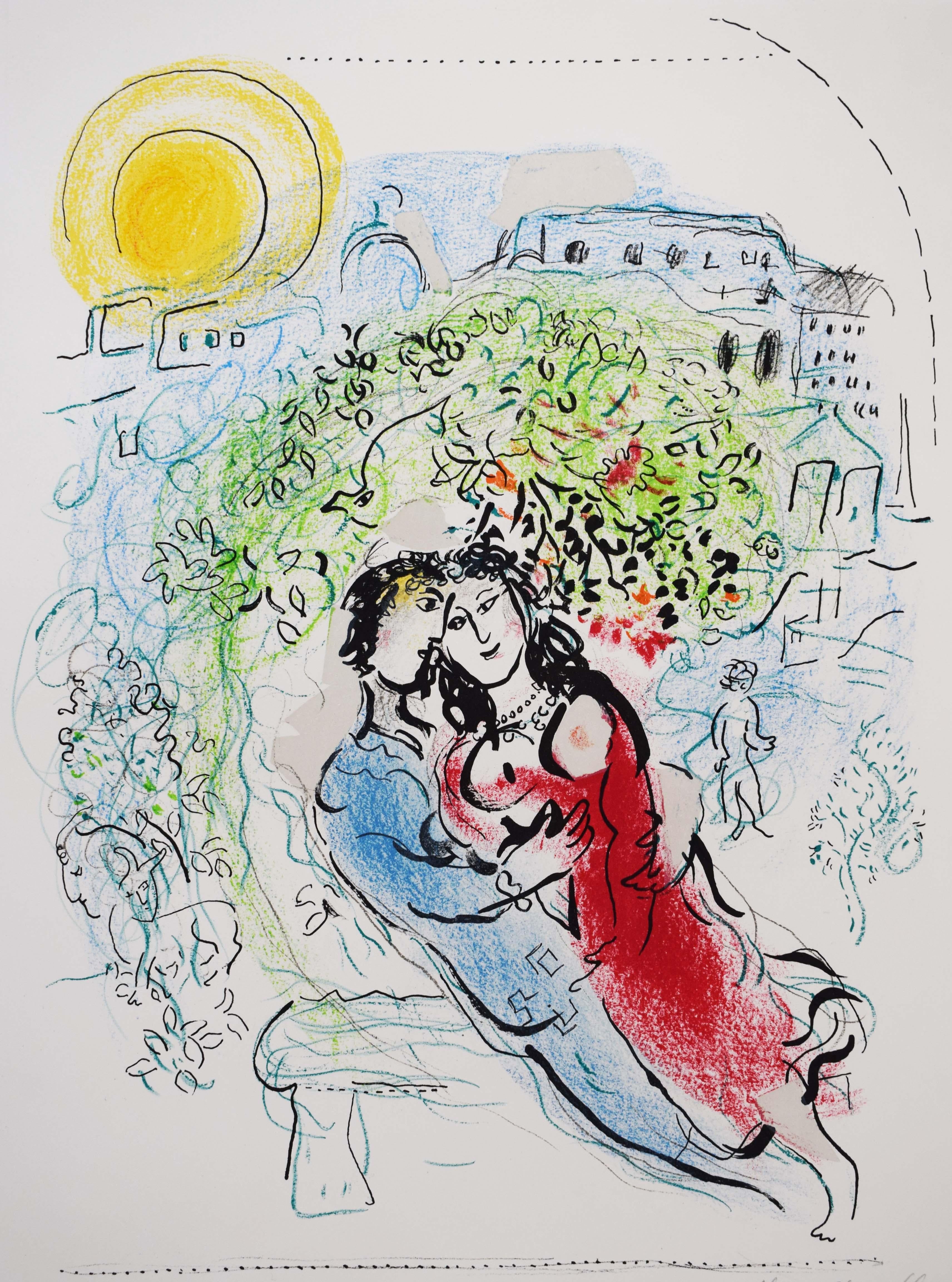 Marc Chagall Figurative Print - The Paris Square - French Russian Couple Lovers Parisian Street