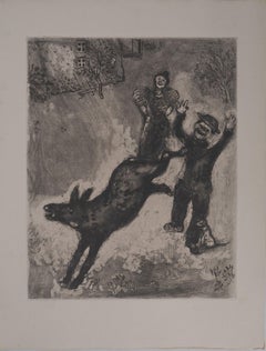 The Rebellious Donkey (Donkey and Dog) - Original etching - Ref. Sorlier #180