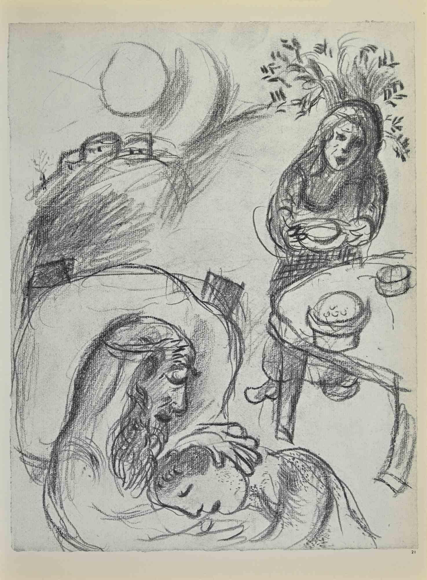 The Two Daughters of Laban is an artwork realized by March Chagall, 1960s.

Lithograph on brown-toned paper, no signature.

Lithograph on both sheets.

Edition of 6500 unsigned lithographs. Printed by Mourlot and published by Tériade, Paris.

Ref.