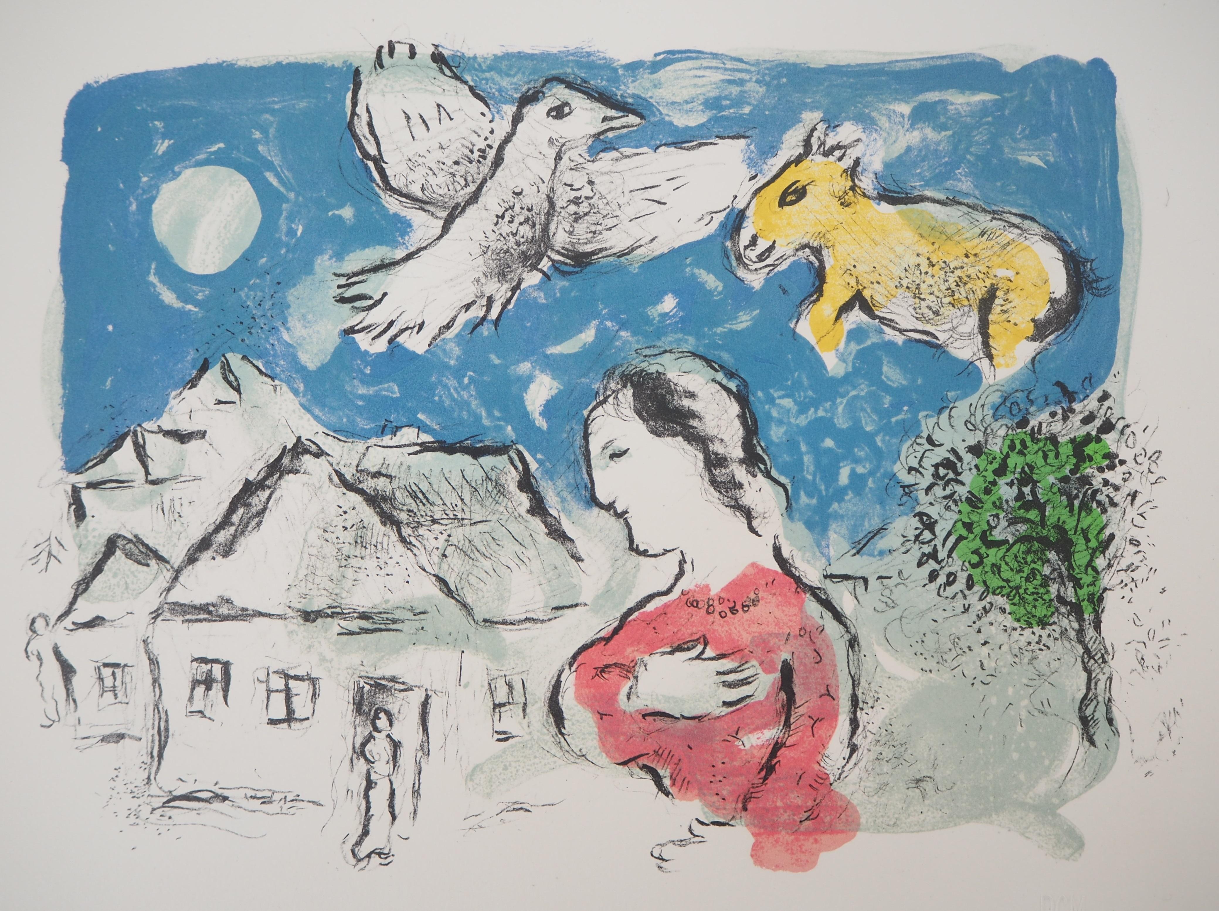 Marc Chagall Figurative Print - The Village (Woman, Bird and Donkey) - Original lithograph (Mourlot #917a)