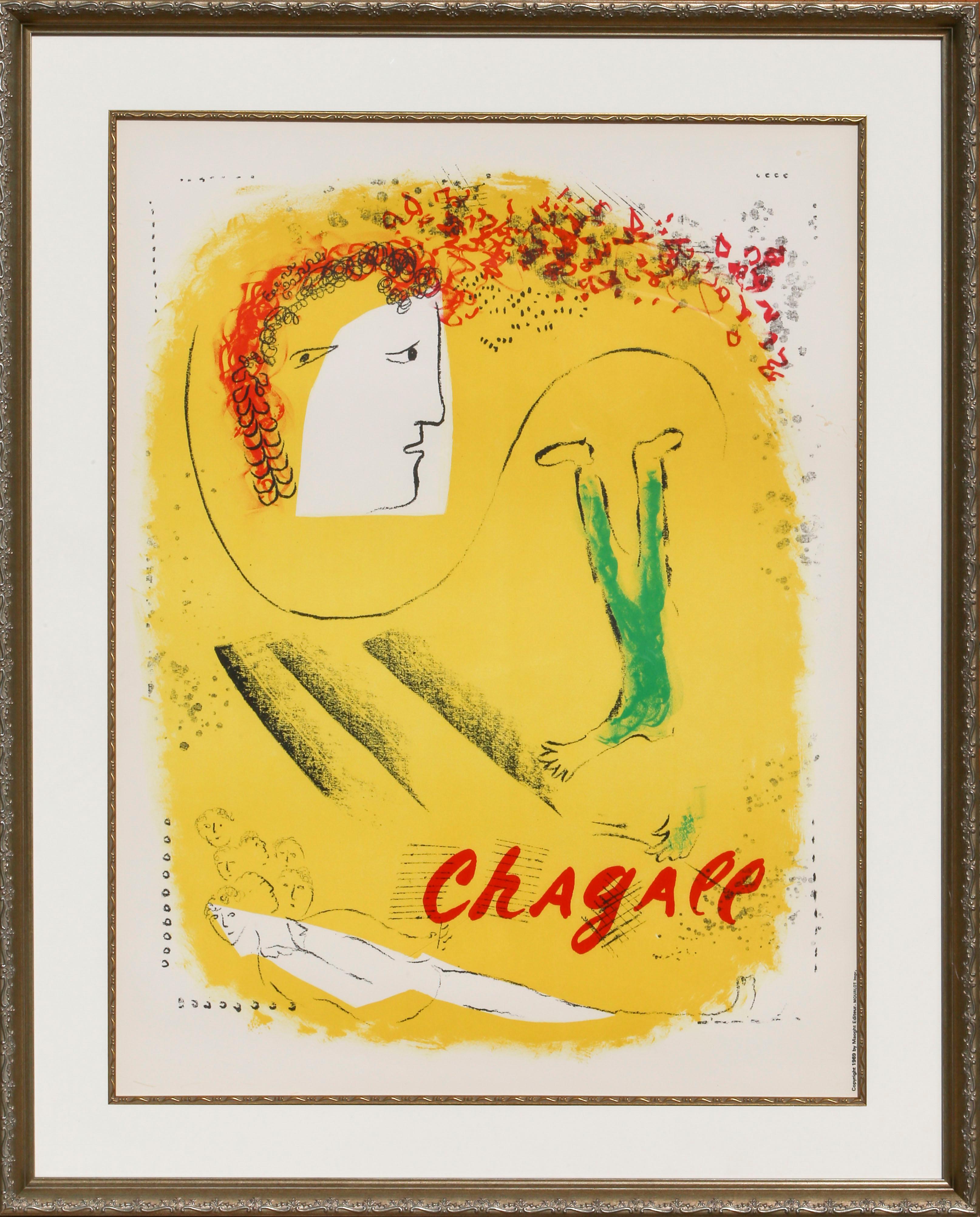 A bright yellow composition by Marc Chagall featuring a floating white head with red hair, an upside-down pair of green trousers, and a bright red signature by the artist in the plate. This aptly-named lithograph was originally designed to be a