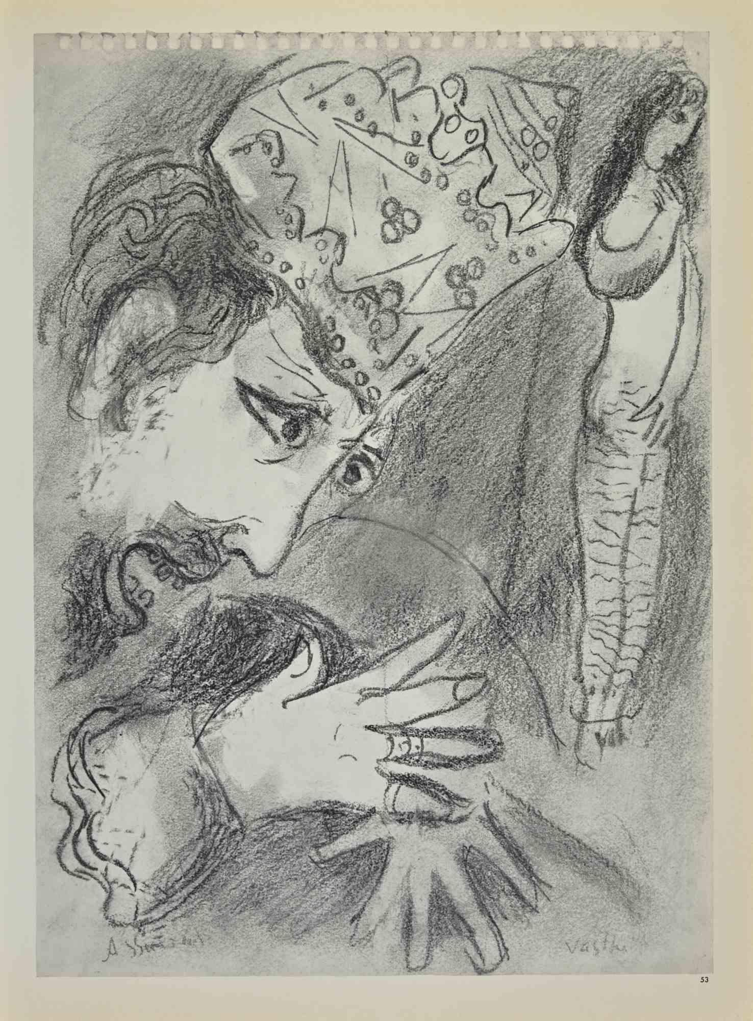 Untitled is an artwork realized by March Chagall, 1960s.

Lithograph on brown-toned paper, no signature.

Lithograph on both sheets.

Edition of 6500 unsigned lithographs. Printed by Mourlot and published by Tériade, Paris.

Ref. Mourlot, F.,