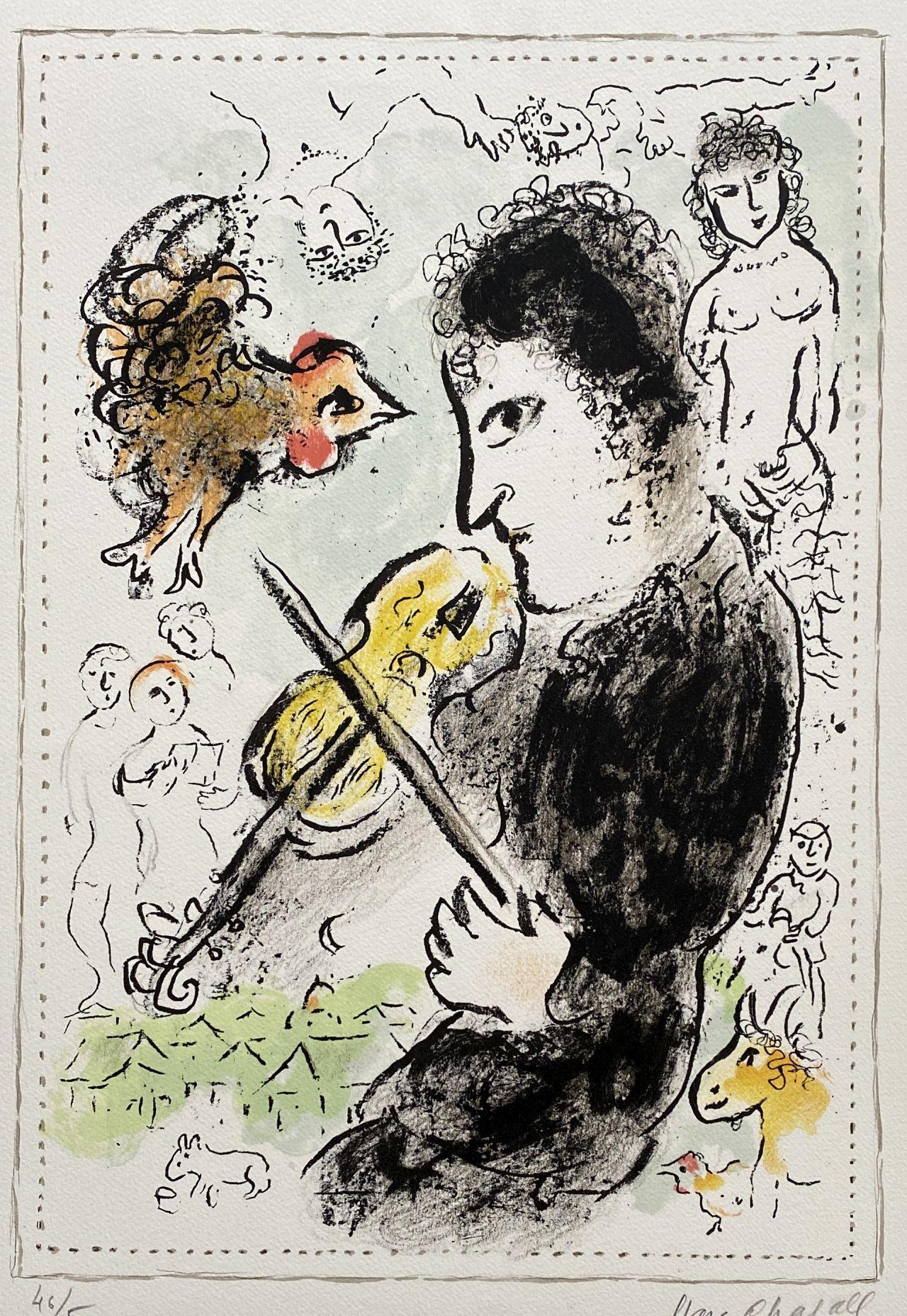 Violonist with a cock - Original lithograph Handsigned - Mourlot #1000  - Print by Marc Chagall