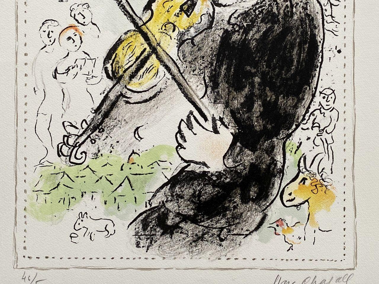 Marc CHAGALL
Violonist with a cock, 1982

Original lithograph (Mourlot workshop)
Handsigned in pencil
Numbered 46 / 50
On Arches vellum 65 x 50 cm (c. 26 x 20 in)

REFERENCES : Catalog raisonne Mourlot #1000

Very good condition but a light fold at