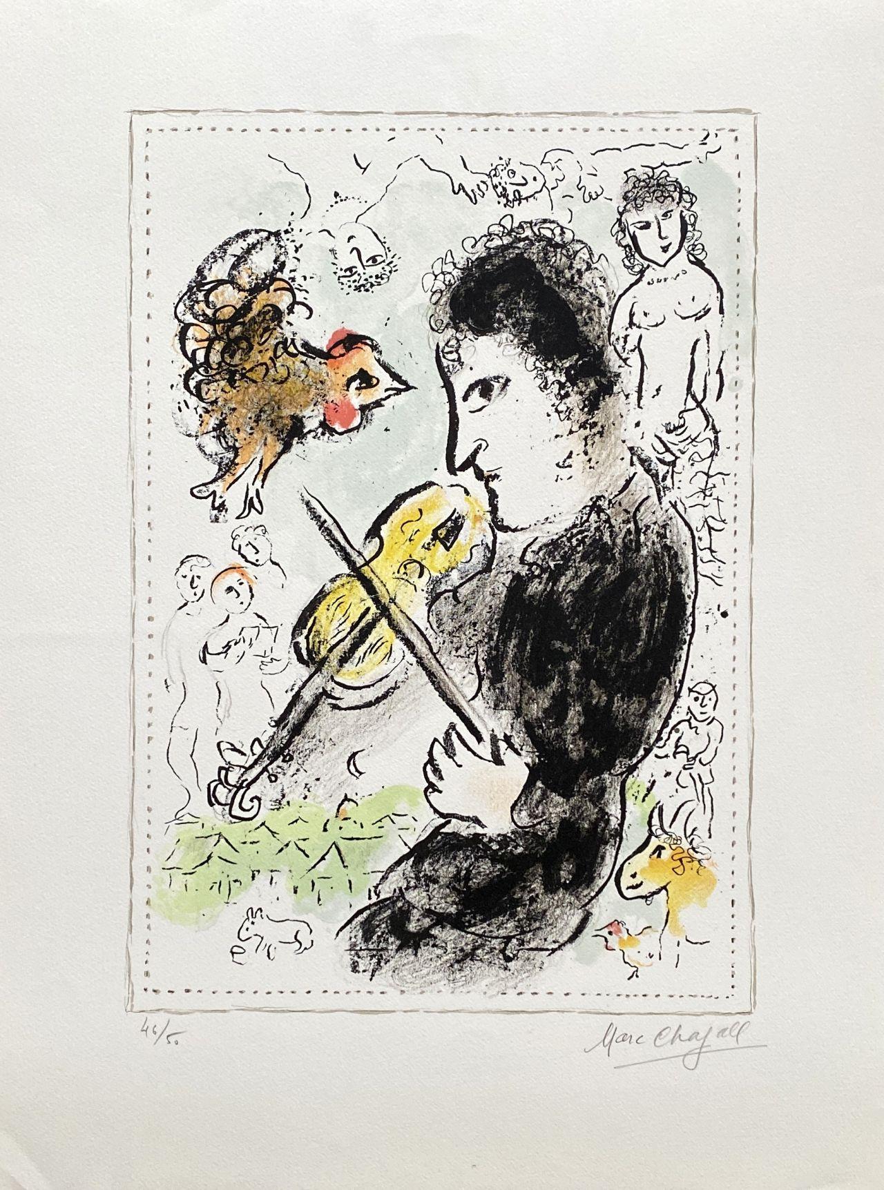 Marc Chagall Figurative Print - Violonist with a cock - Original lithograph Handsigned - Mourlot #1000 