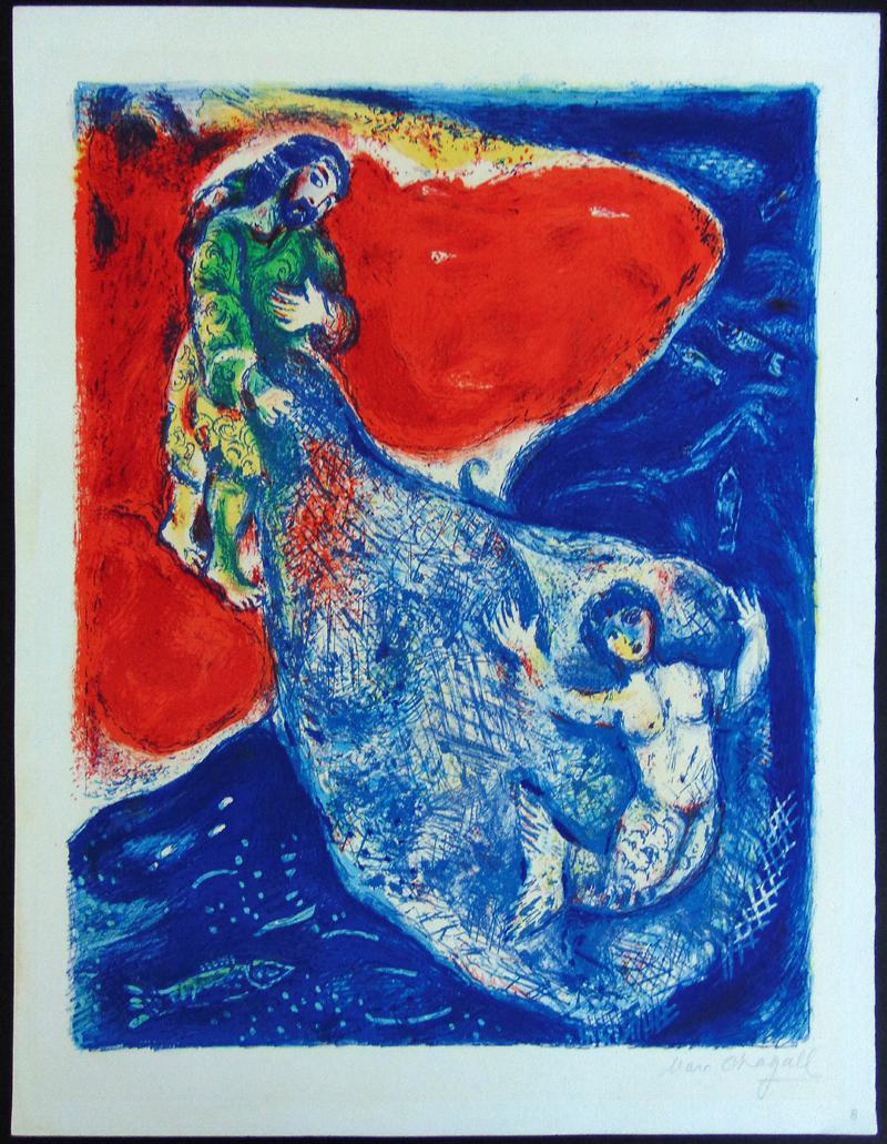 Quand Abdullah a pris le filet au bord de la mer - Art français - Symbolisme, art fauvisme - Print de Marc Chagall