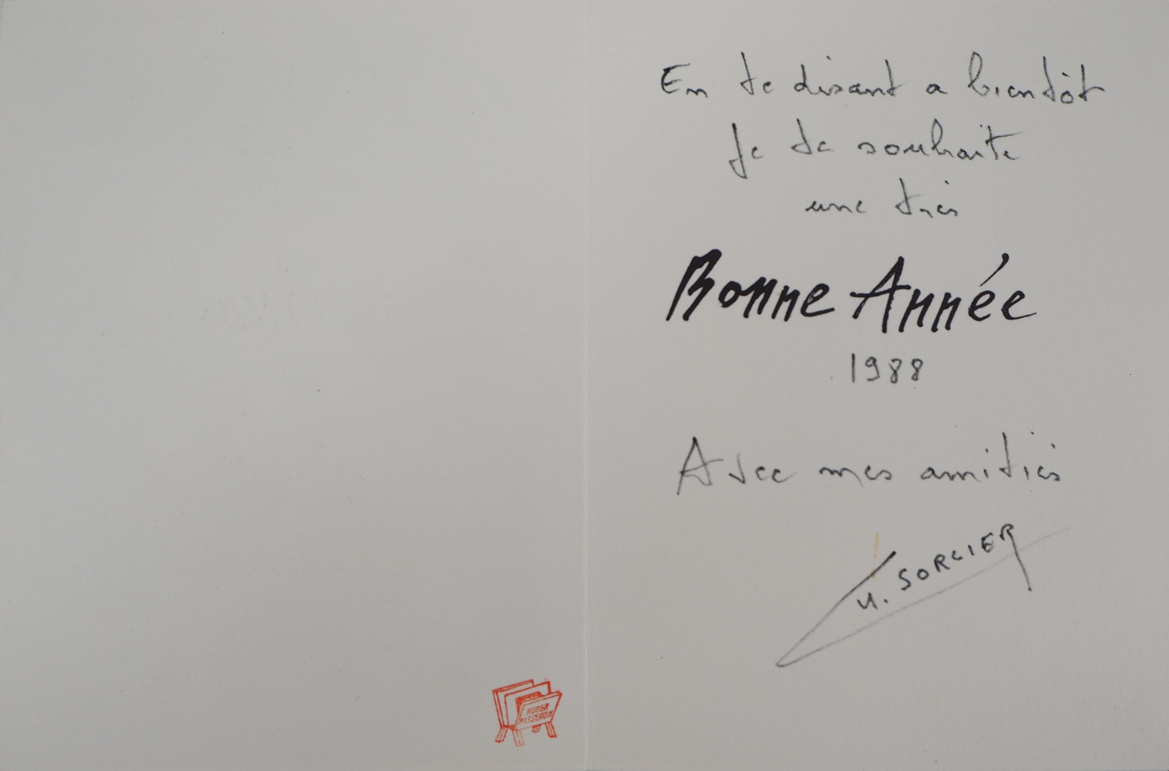 Marc CHAGALL
Femme et âne sous la lune (carte de vœux), 1980

Lithographie originale
Imprimé dans l'atelier de Mourlot
Sur vellum 14 x 10.5 cm (c. 5.5 x 4 in)
Taille ouverte 14 x 21 cm (c. 5.5 x 8 in)
Signée par Charles Sorlier, lithographe et ami