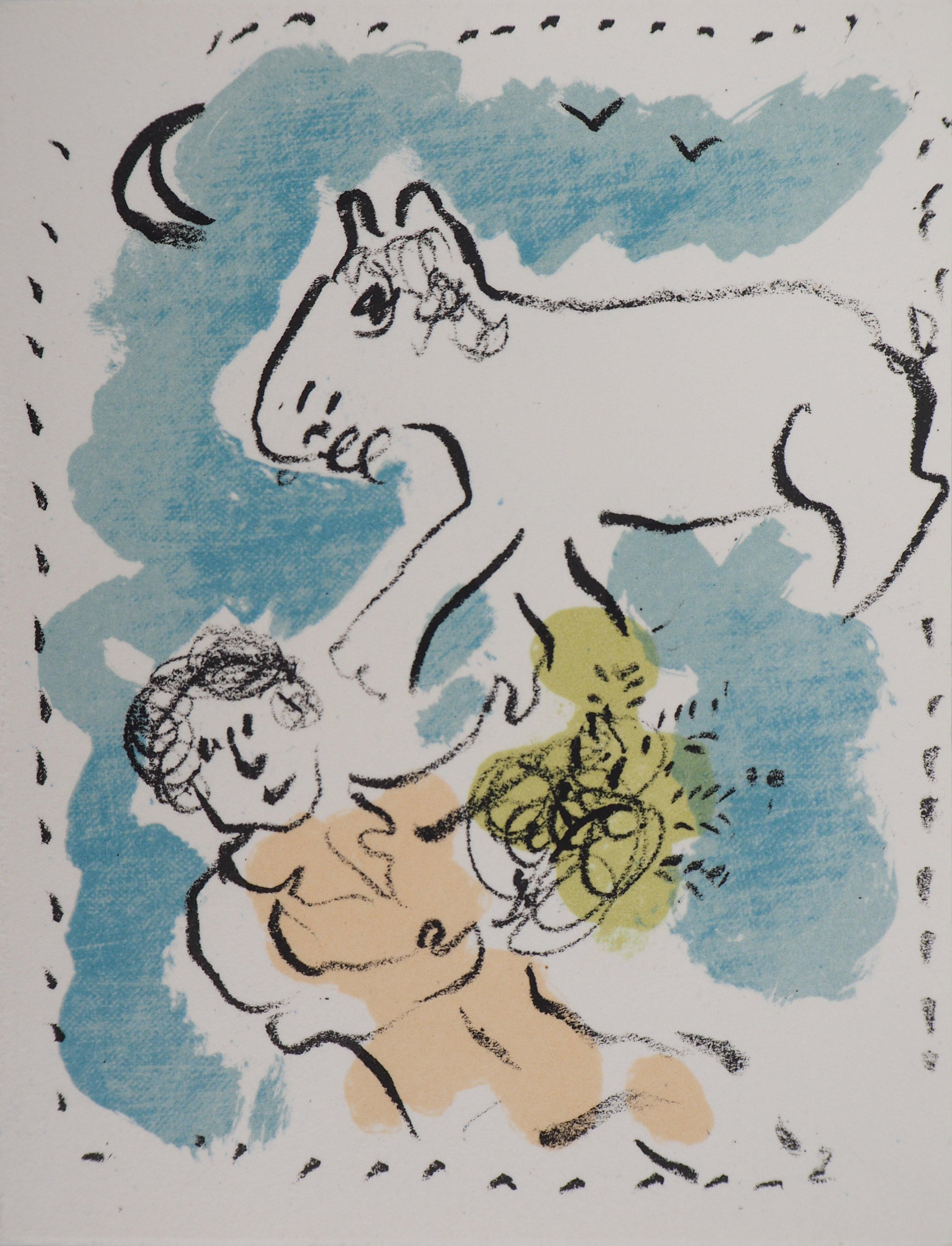 Marc Chagall Figurative Print - Woman and Donkey under Moon (Greeting Card) - Original lithograph - Moulot #984
