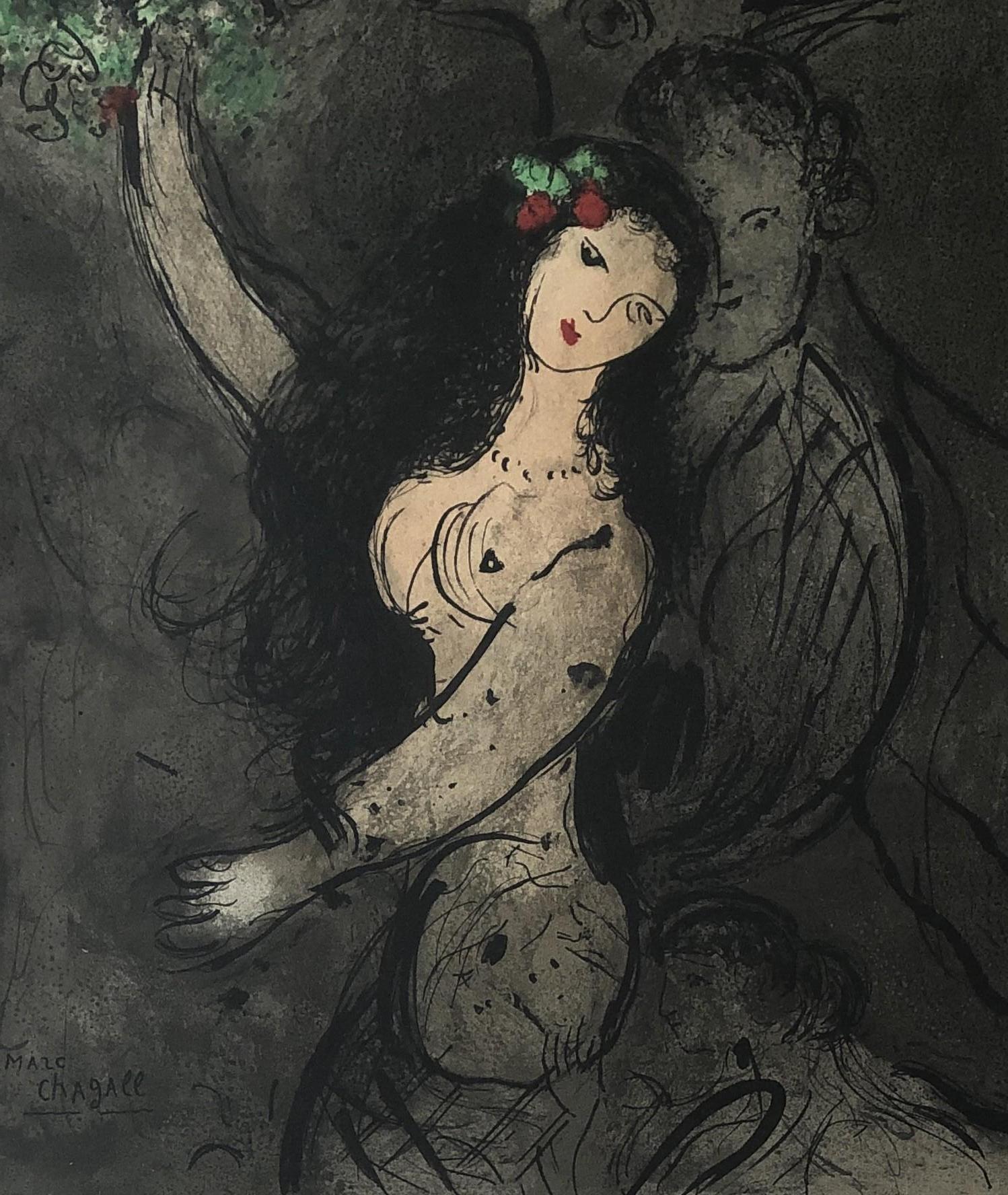 Woman With Flowers - Original Lithograph Signed in the Plate - Mourlot 383 - Black Figurative Print by Marc Chagall