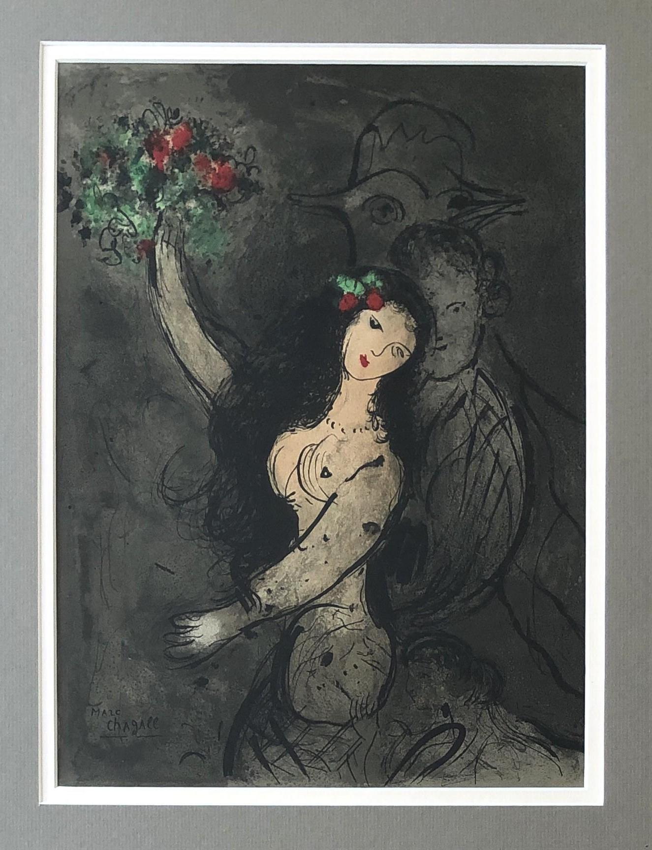 Marc Chagall Figurative Print - Woman With Flowers - Original Lithograph Signed in the Plate - Mourlot 383